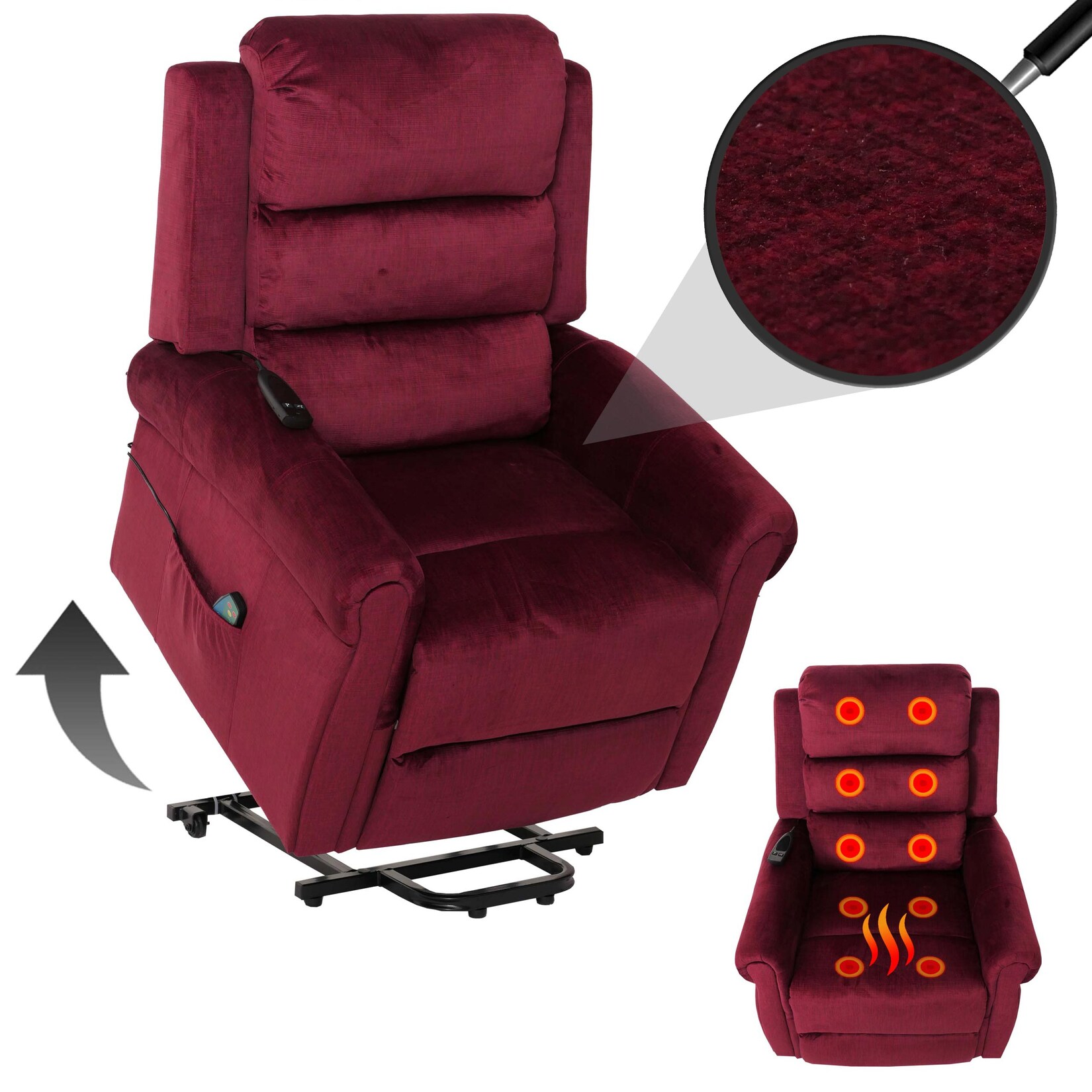 Fernsehsessel MCW-K63, Relaxsessel, Liegefunktion Aufstehhilfe Massage Heizfunktion, Stoff 220g/m² Chenille ~ bordeaux