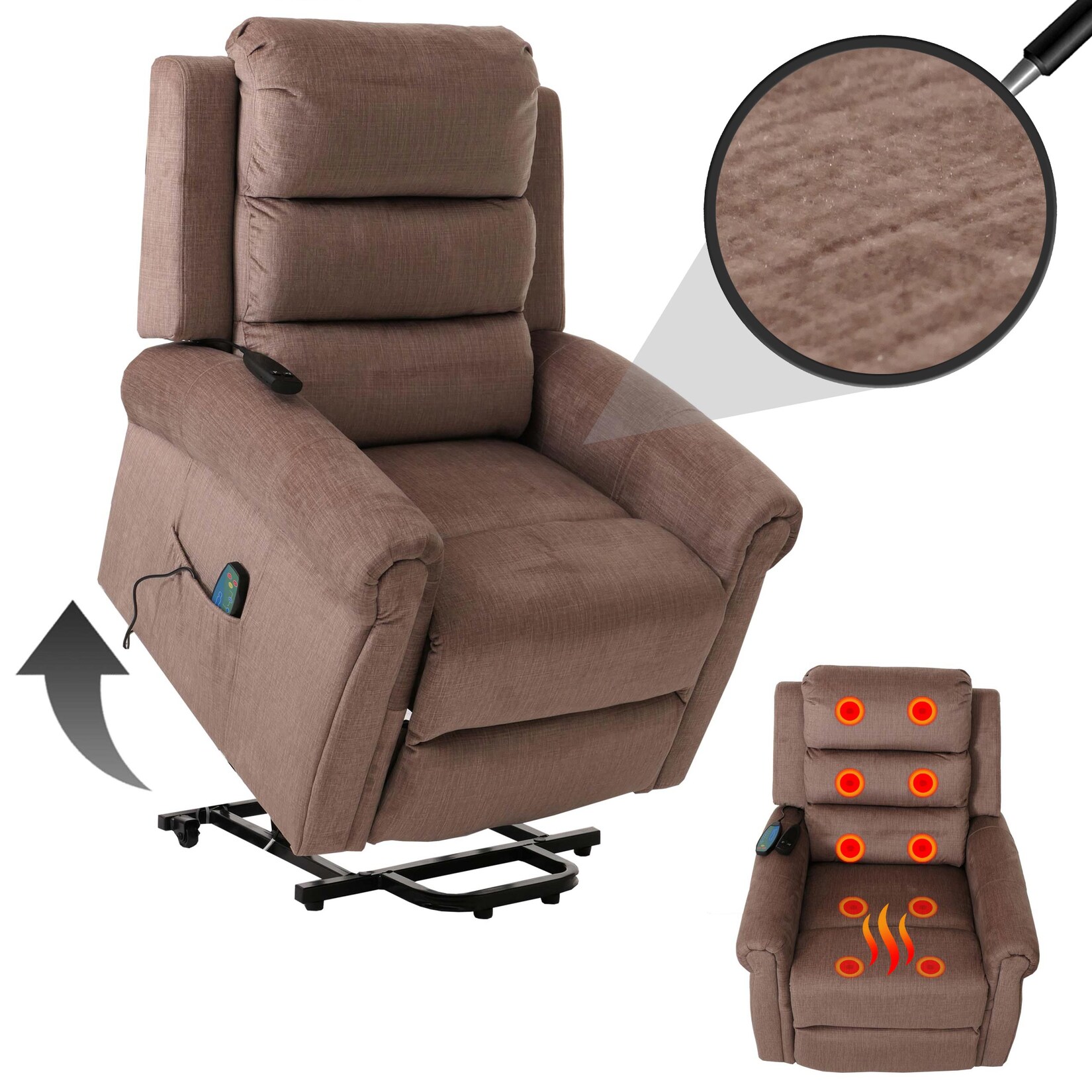 Fernsehsessel MCW-K63, Relaxsessel, Liegefunktion Aufstehhilfe Massage Heizfunktion, Stoff 220g/m² Chenille ~ braun