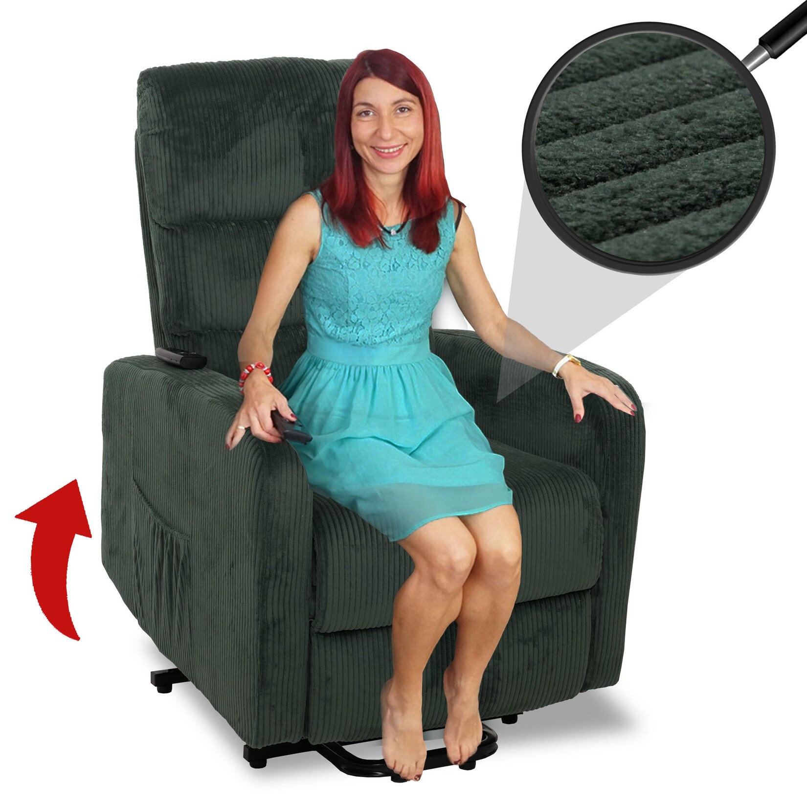Fernsehsessel MCW-K62, Relaxsessel TV-Sessel Liege, Liegefunktion Aufstehhilfe, Metall Stoff/Textil Cord ~ grün
