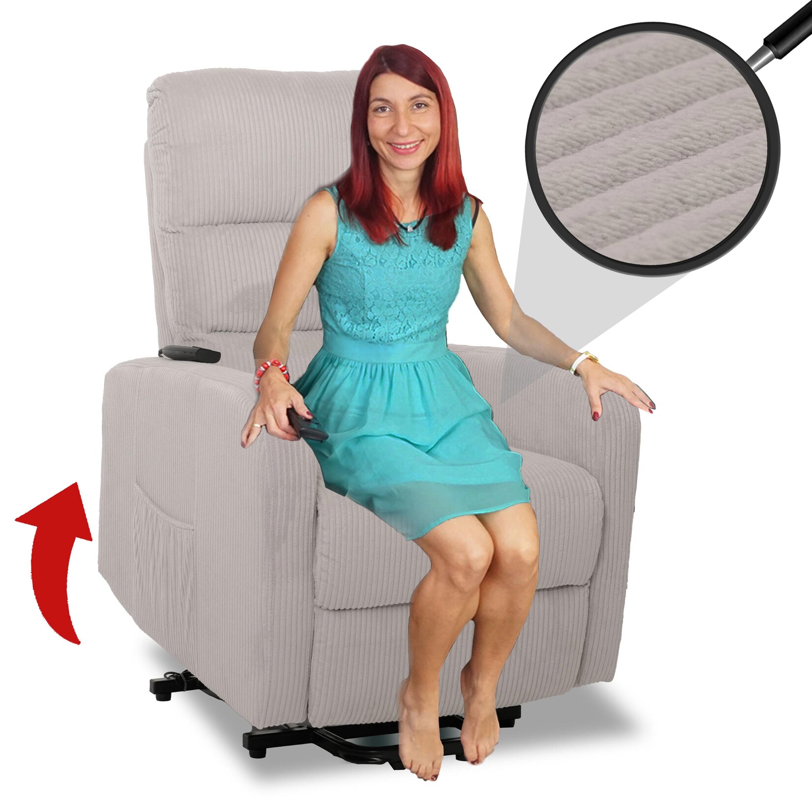 Fernsehsessel MCW-K62, Relaxsessel TV-Sessel Liege, Liegefunktion Aufstehhilfe, Metall Stoff/Textil Cord ~ hellgrau