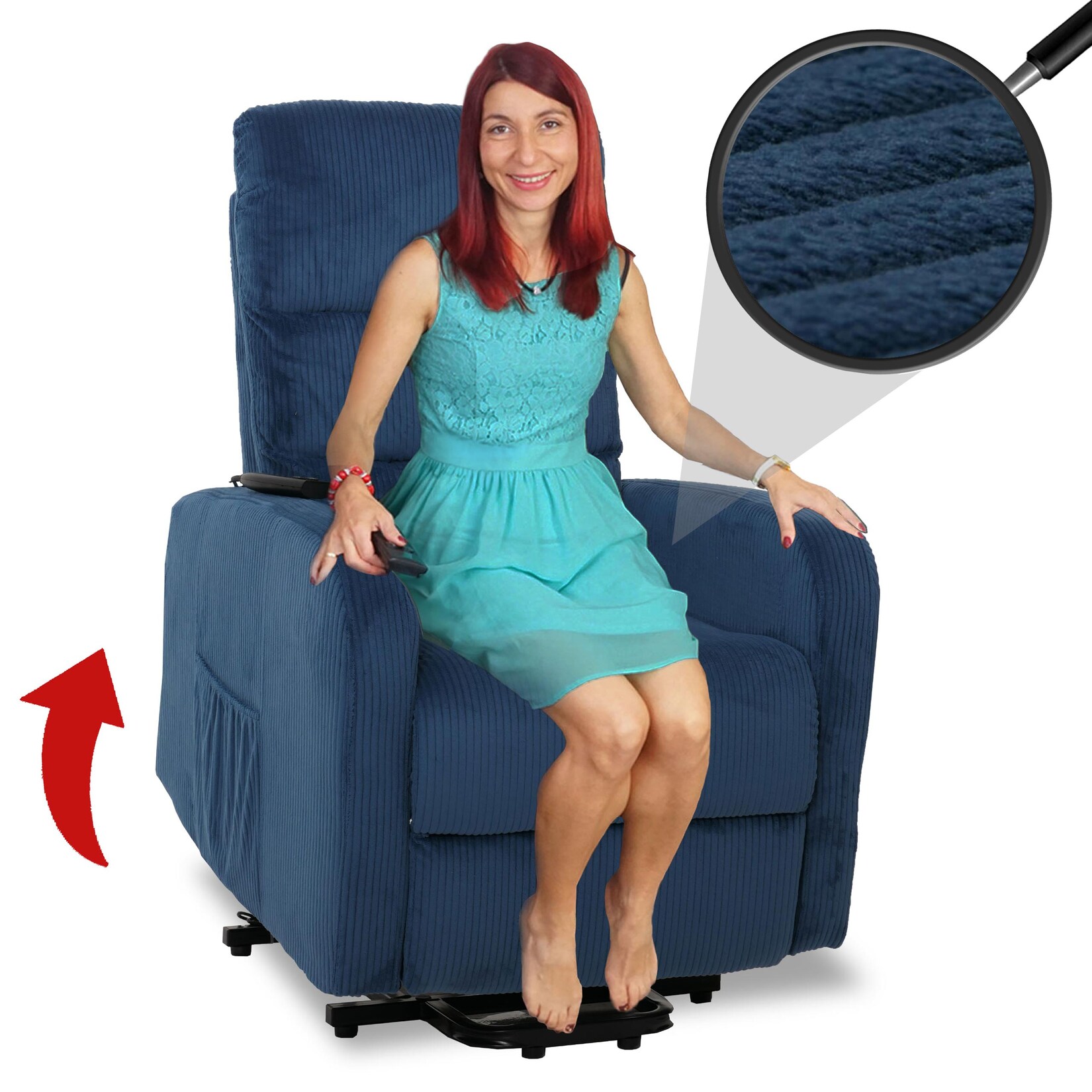 Fernsehsessel MCW-K62, Relaxsessel TV-Sessel Liege, Liegefunktion Aufstehhilfe, Metall Stoff/Textil Cord ~ blau