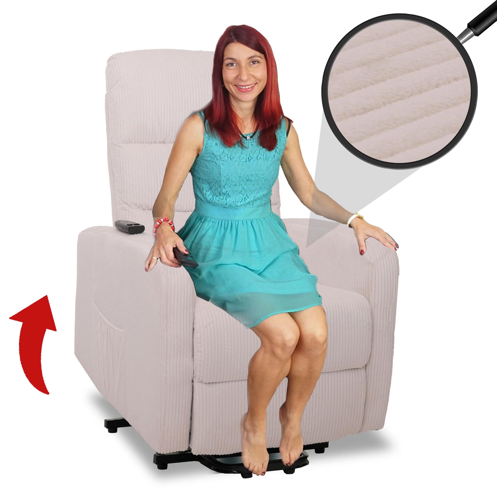 Fernsehsessel MCW-K62, Relaxsessel TV-Sessel Liege, Liegefunktion Aufstehhilfe, Metall Stoff/Textil Cord ~ creme-weiß