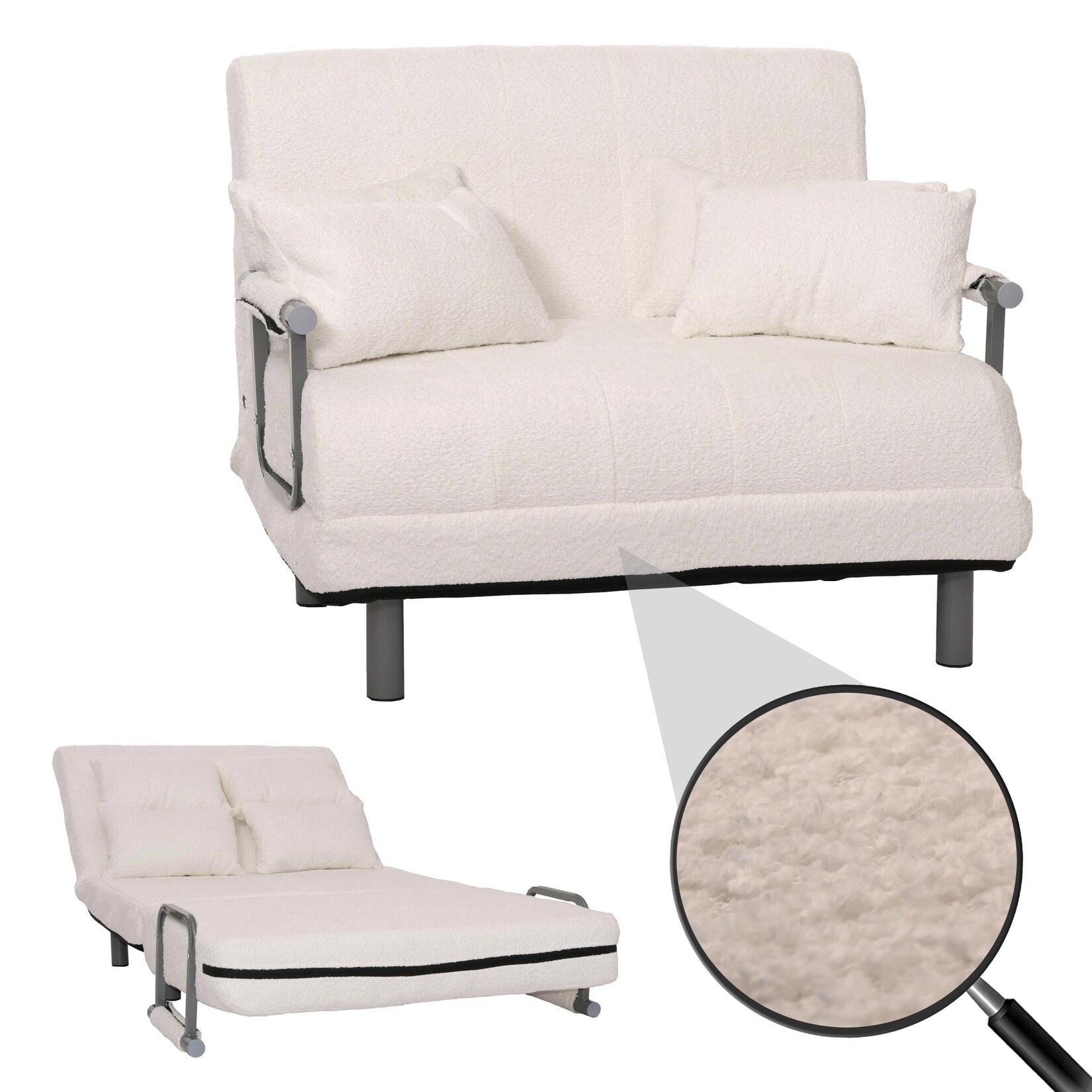 Schlafsessel MCW-K29, Klappsessel Schlafsofa Gästebett, Liegefläche 190x100cm, Stoff Bouclé (500g/m²) ~ creme