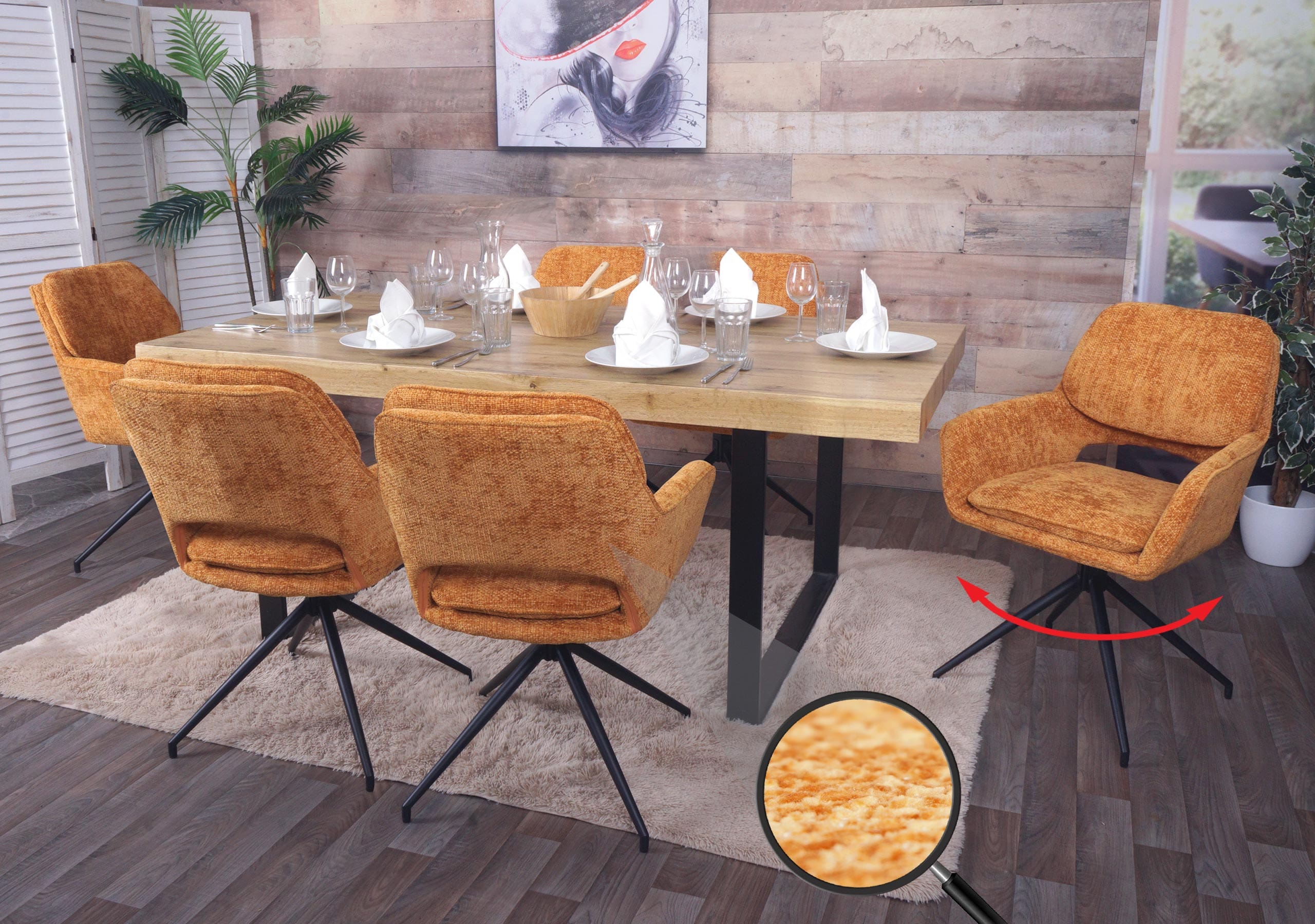 6er-Set Esszimmerstuhl MCW-N74, K&uuml;chenstuhl, drehbar Auto-Return, Stoff Chenille (490g/m&sup2;) &Ouml;ko-Tex ~ ocker-gelb - Bild 1