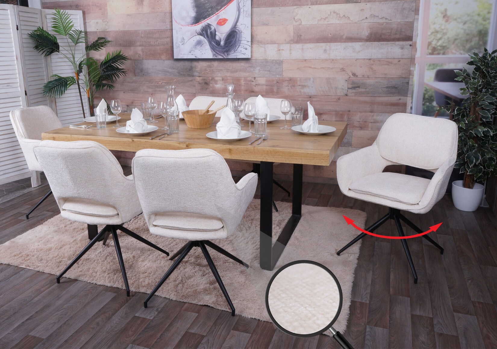 6er-Set Esszimmerstuhl MCW-N74, Küchenstuhl, drehbar Auto-Return, Stoff Chenille (490g/m²) Öko-Tex ~ creme