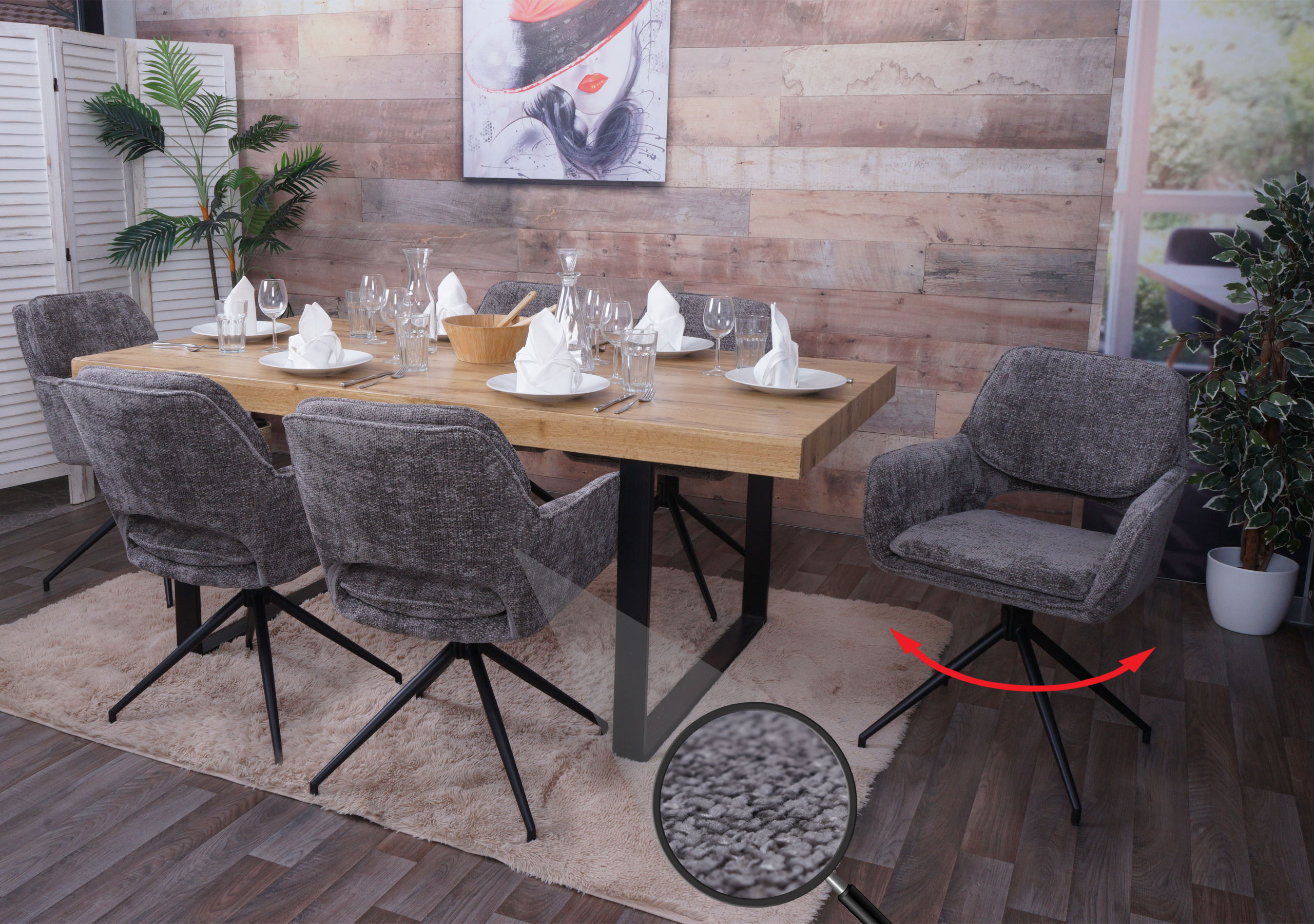 6er-Set Esszimmerstuhl MCW-N74, K&uuml;chenstuhl, drehbar Auto-Return, Stoff Chenille (490g/m&sup2;) &Ouml;ko-Tex ~ dunkelgrau - Bild 1