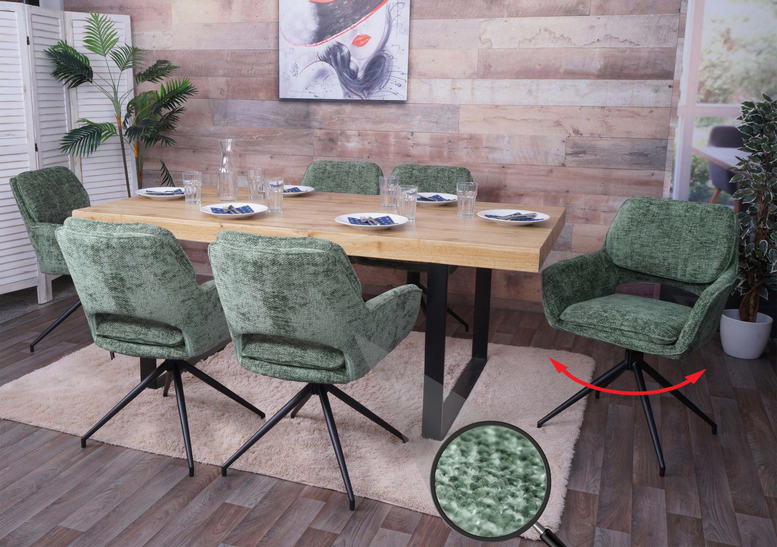 6er-Set Esszimmerstuhl MCW-N74, K&uuml;chenstuhl, drehbar Auto-Return, Stoff Chenille (490g/m&sup2;) &Ouml;ko-Tex ~ gr&uuml;n - Bild 1