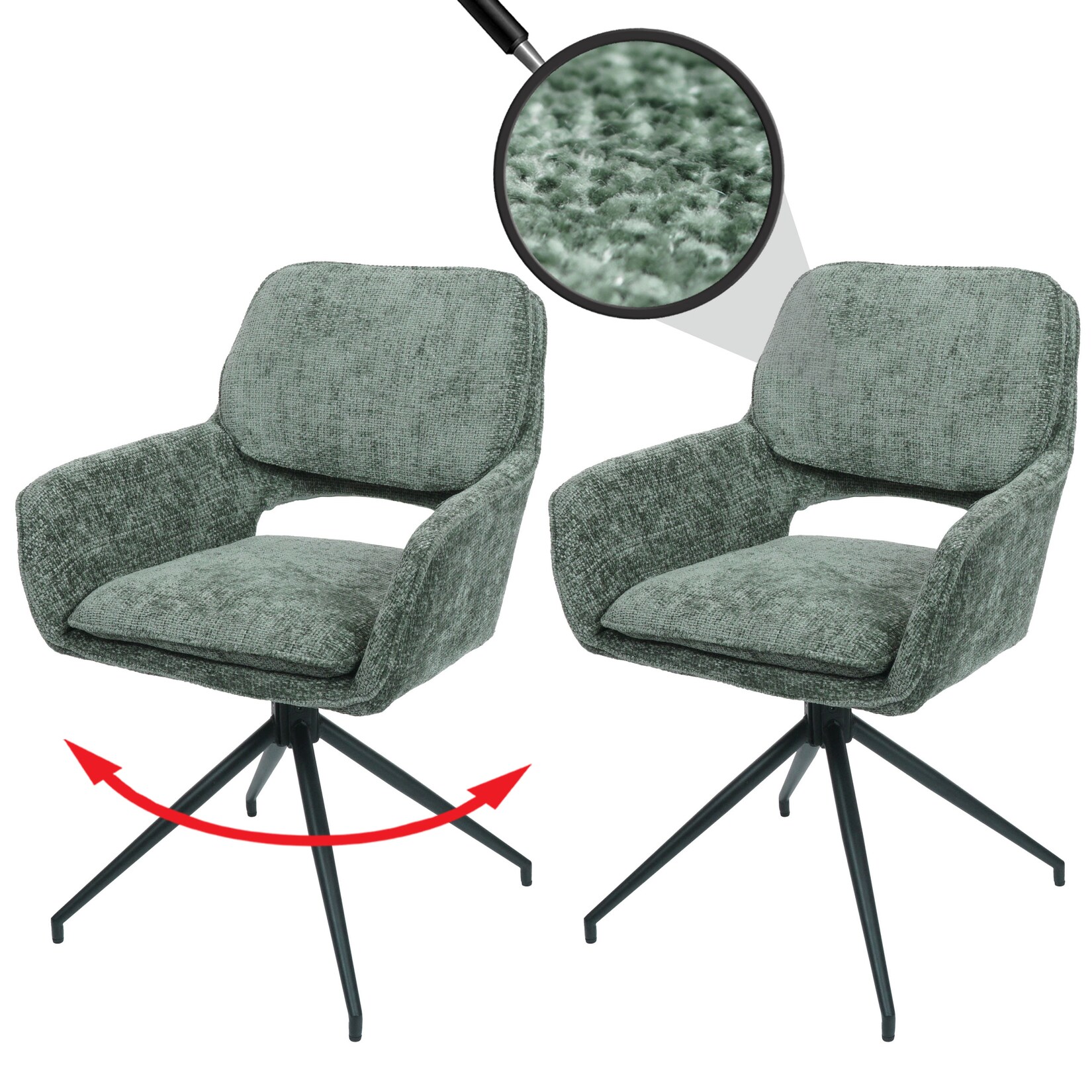 2er-Set Esszimmerstuhl MCW-N74, Küchenstuhl, drehbar Auto-Return, Stoff Chenille (490g/m²) Öko-Tex ~ grün