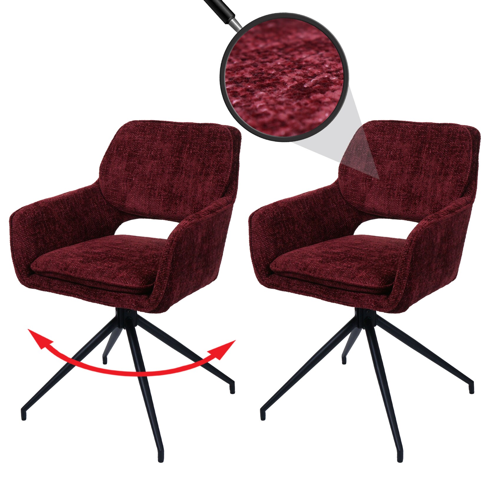 2er-Set Esszimmerstuhl MCW-N74, Küchenstuhl, drehbar Auto-Return, Stoff Chenille (490g/m²) Öko-Tex ~ bordeaux