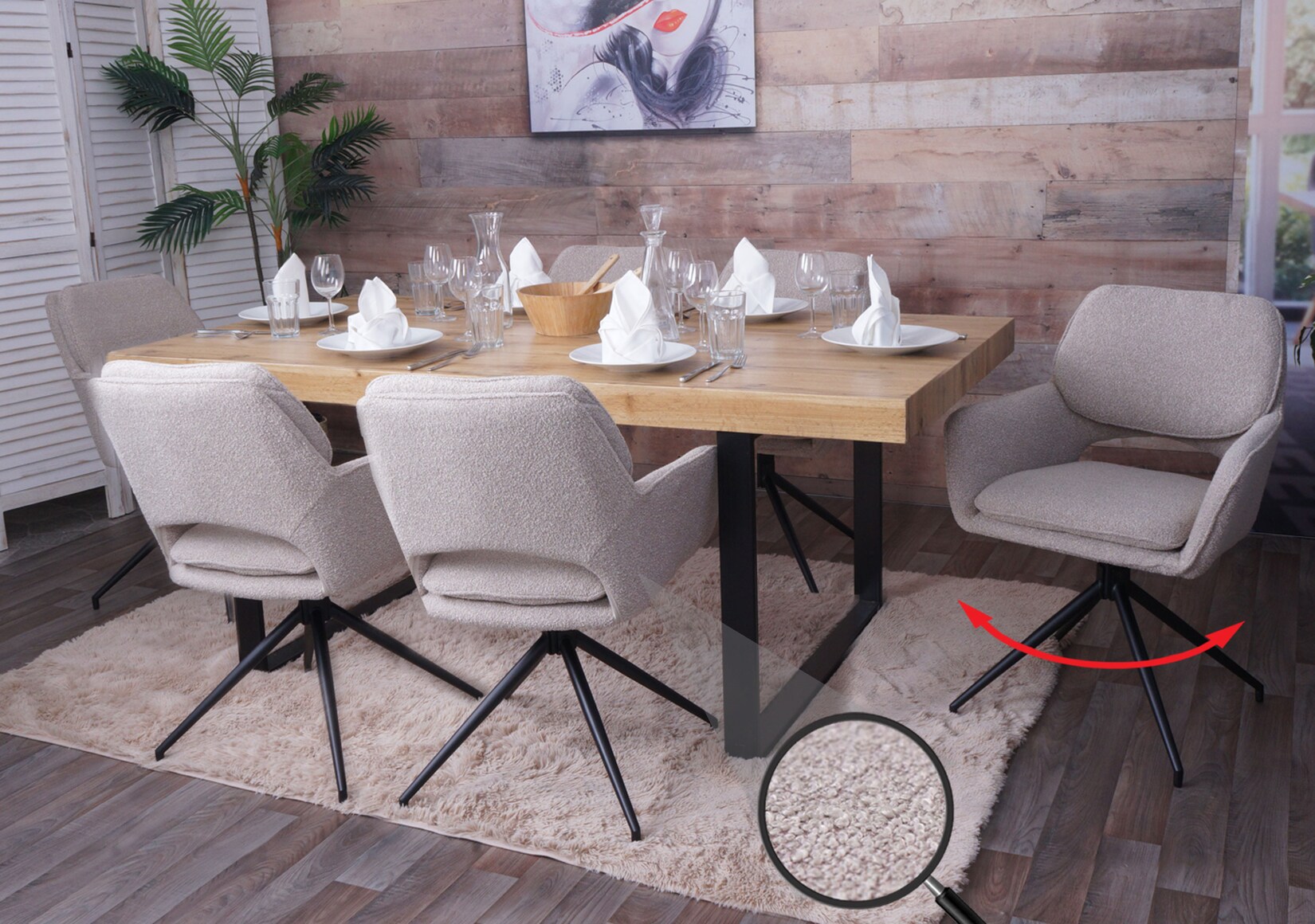 6er-Set Esszimmerstuhl MCW-N74, Küchenstuhl, drehbar Auto-Return, Stoff Bouclé (540g/m²) Öko-Tex ~ beige