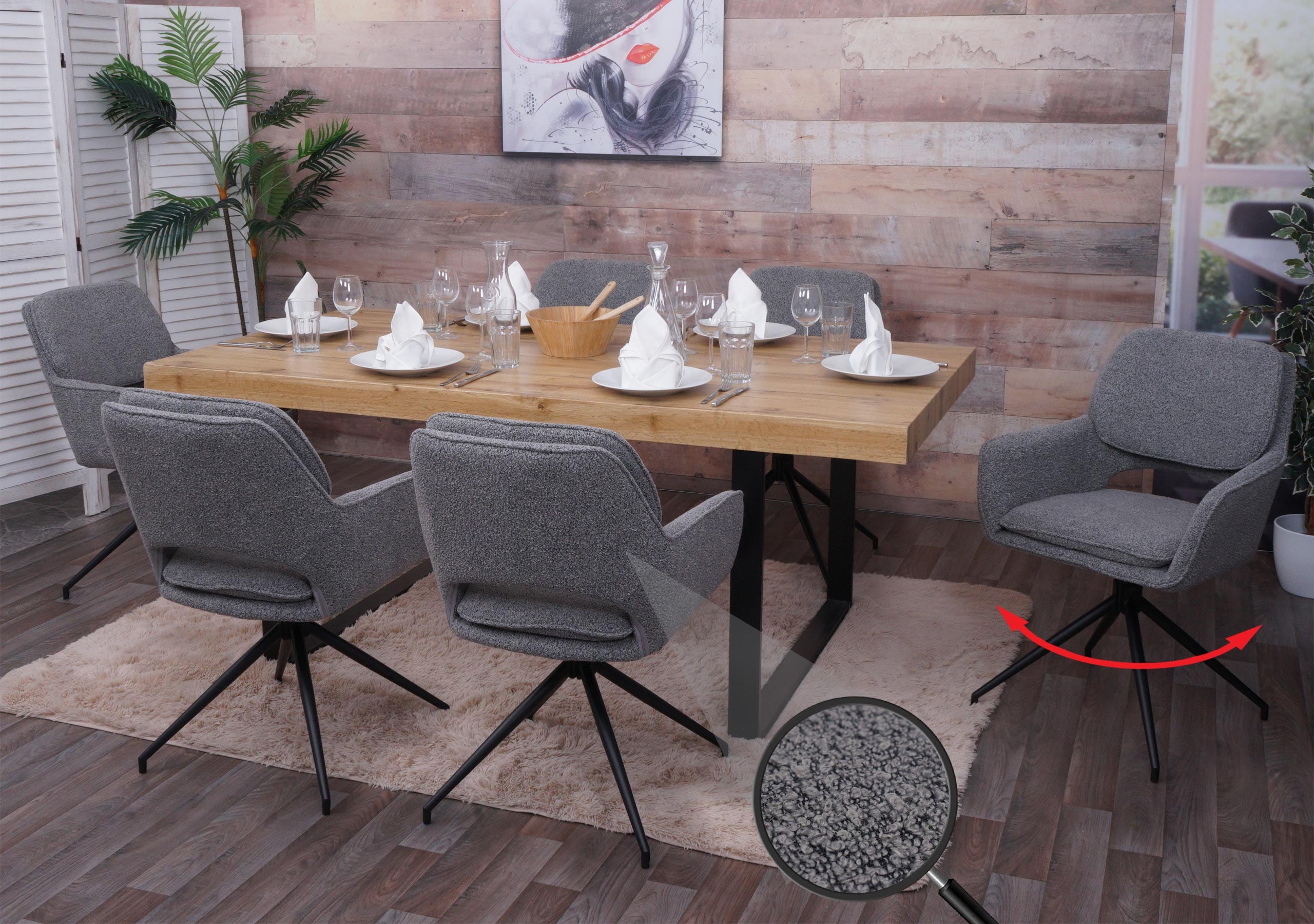 6er-Set Esszimmerstuhl MCW-N74, K&uuml;chenstuhl, drehbar Auto-Return, Stoff Boucl&eacute; (540g/m&sup2;) &Ouml;ko-Tex ~ grau - Bild 1