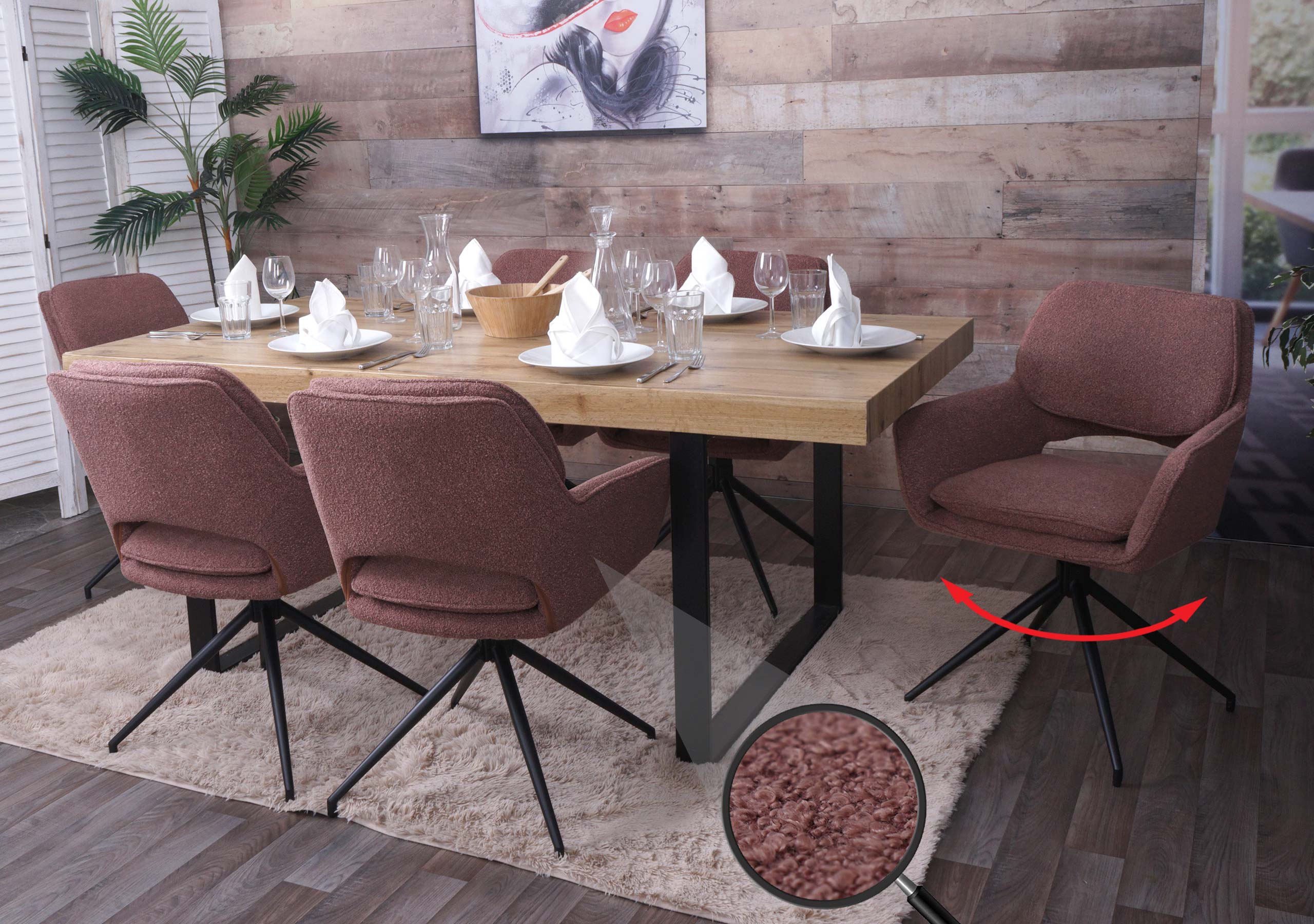 6er-Set Esszimmerstuhl MCW-N74, K&uuml;chenstuhl, drehbar Auto-Return, Stoff Boucl&eacute; (540g/m&sup2;) &Ouml;ko-Tex ~ hellbraun - Bild 1