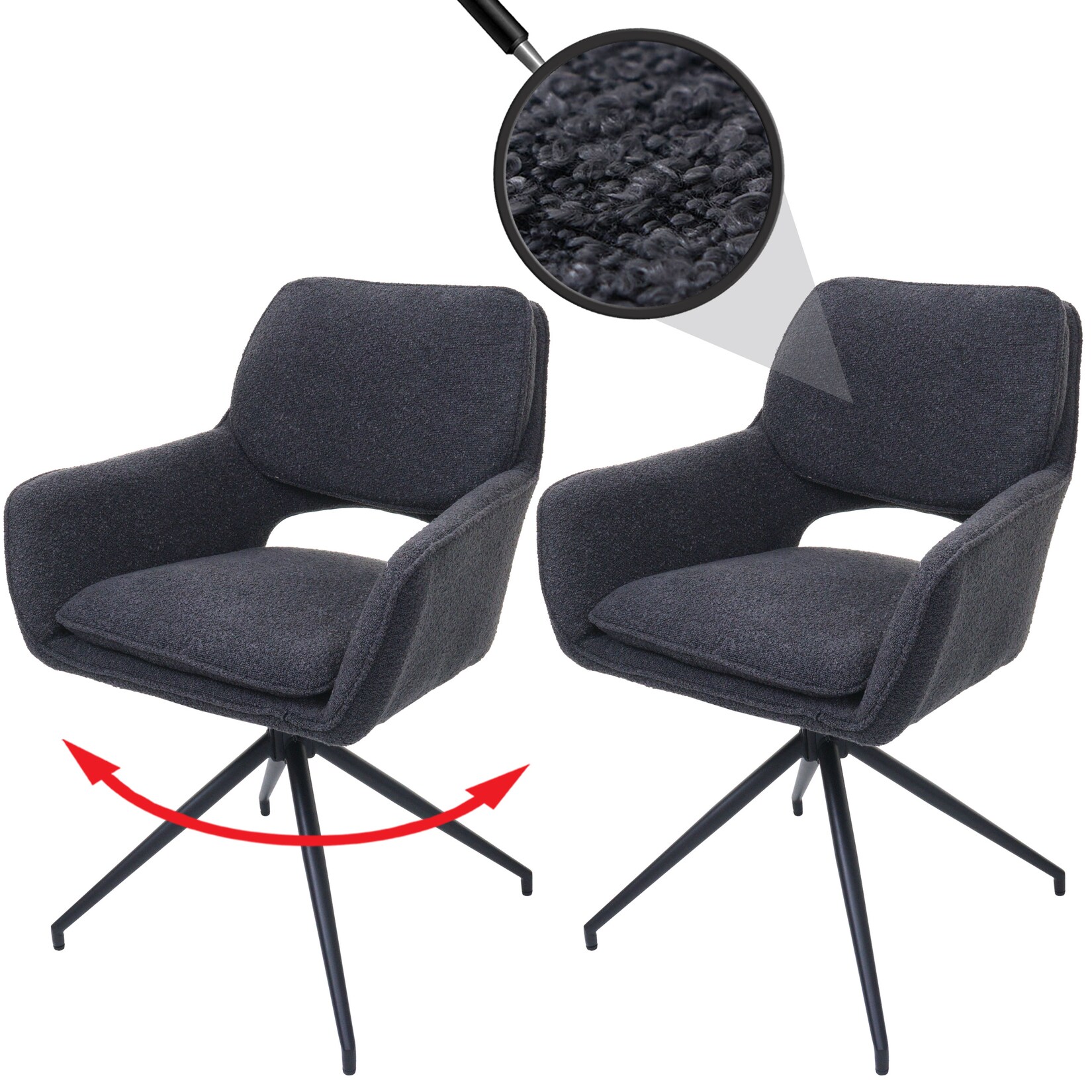 2er-Set Esszimmerstuhl MCW-N74, Küchenstuhl, drehbar Auto-Return, Stoff Bouclé (540g/m²) Öko-Tex ~ dunkelgrau