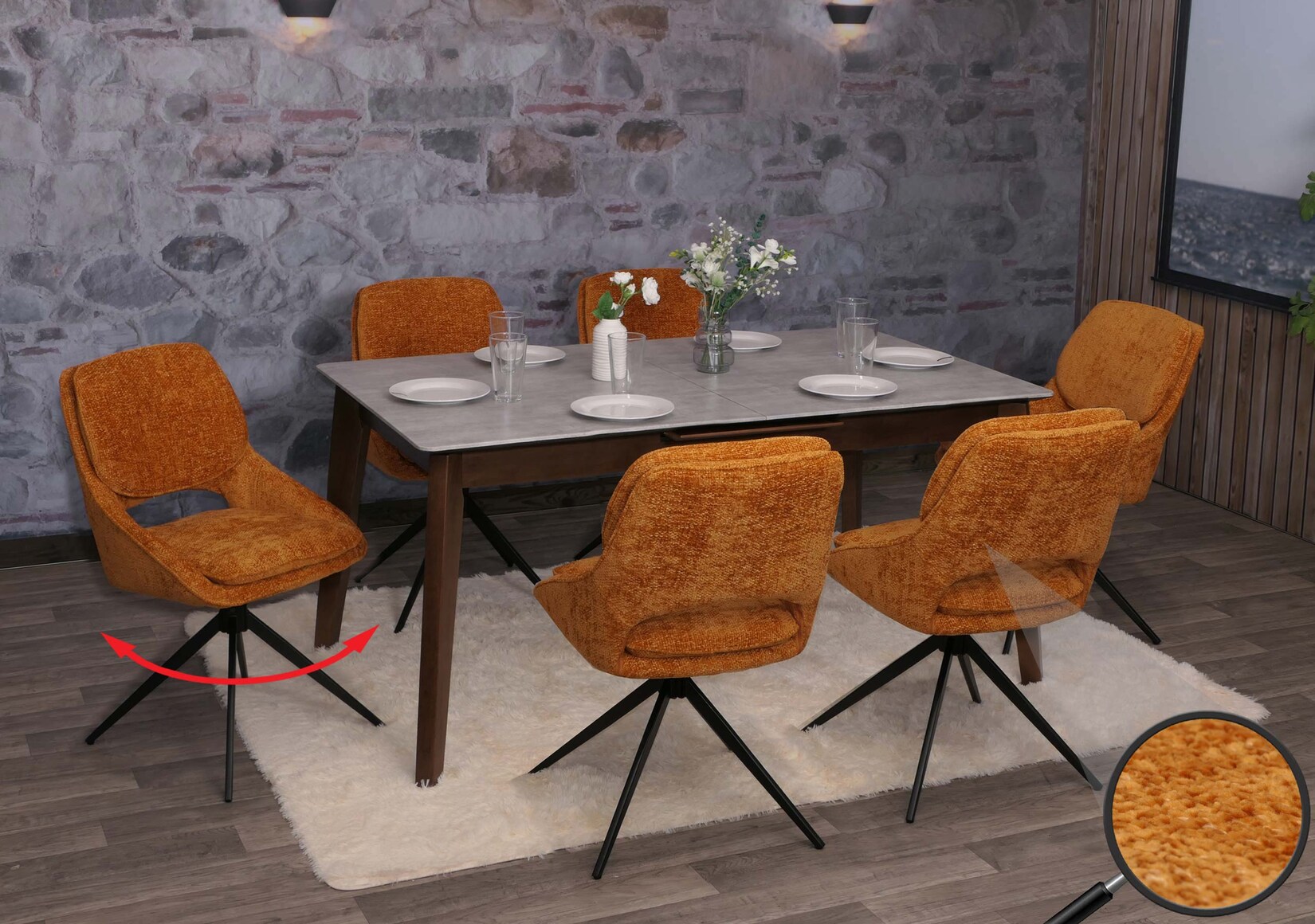 6er-Set Esszimmerstuhl MCW-N73, Küchenstuhl, drehbar Auto-Return, Stoff/Textil Chenille (490g/m²) Öko-Tex ~ ocker-gelb