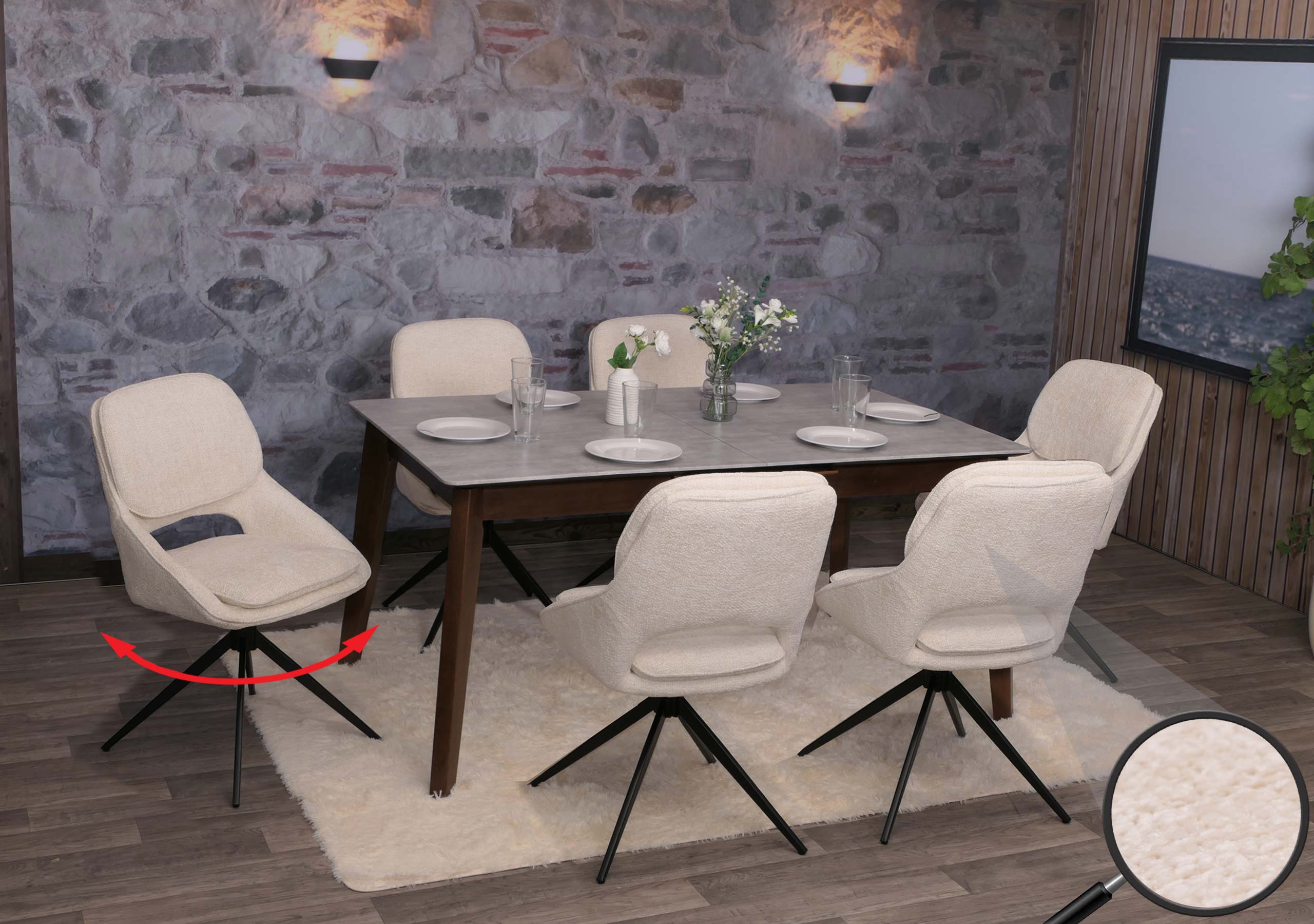 6er-Set Esszimmerstuhl MCW-N73, K&uuml;chenstuhl, drehbar Auto-Return, Stoff/Textil Chenille (490g/m&sup2;) &Ouml;ko-Tex ~ creme-beige - Bild 1