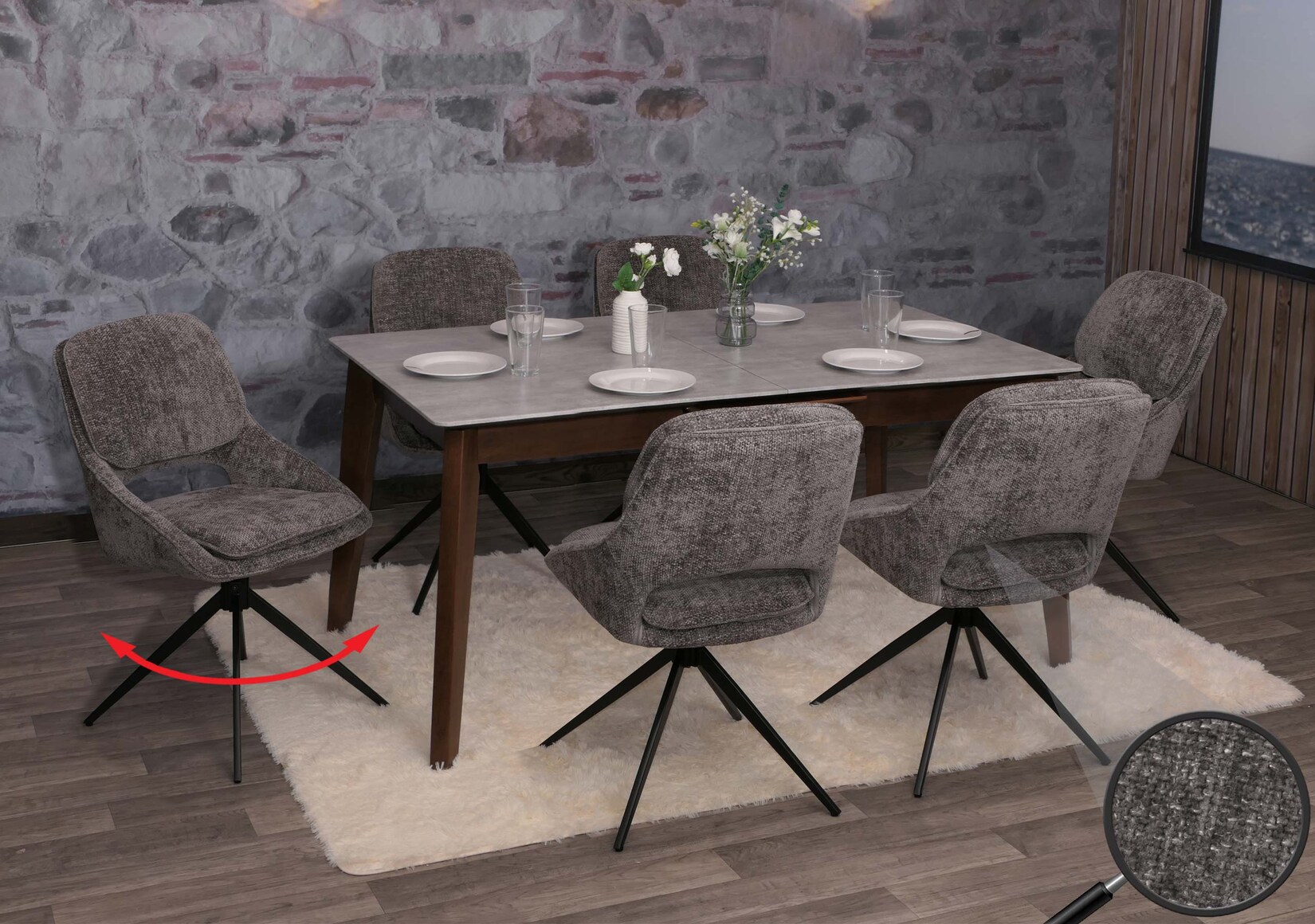 6er-Set Esszimmerstuhl MCW-N73, Küchenstuhl, drehbar Auto-Return, Stoff/Textil Chenille (490g/m²) Öko-Tex ~ dunkelgrau