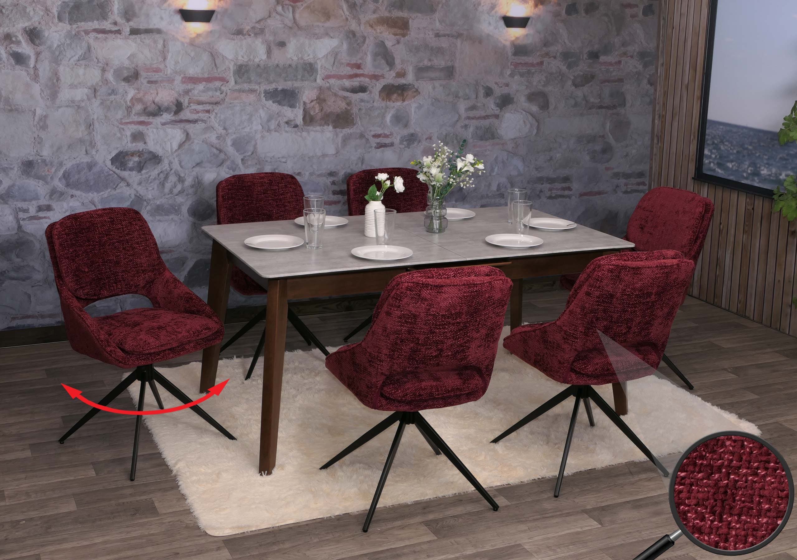 6er-Set Esszimmerstuhl MCW-N73, K&uuml;chenstuhl, drehbar Auto-Return, Stoff/Textil Chenille (490g/m&sup2;) &Ouml;ko-Tex ~ bordeaux - Bild 1