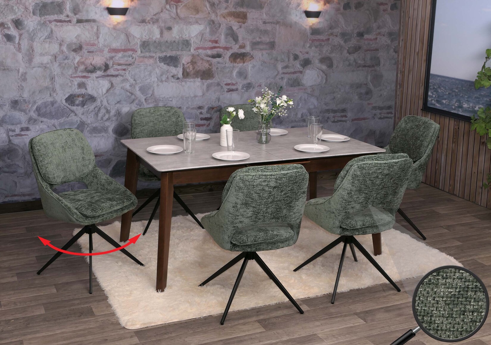 6er-Set Esszimmerstuhl MCW-N73, Küchenstuhl, drehbar Auto-Return, Stoff/Textil Chenille (490g/m²) Öko-Tex ~ grün