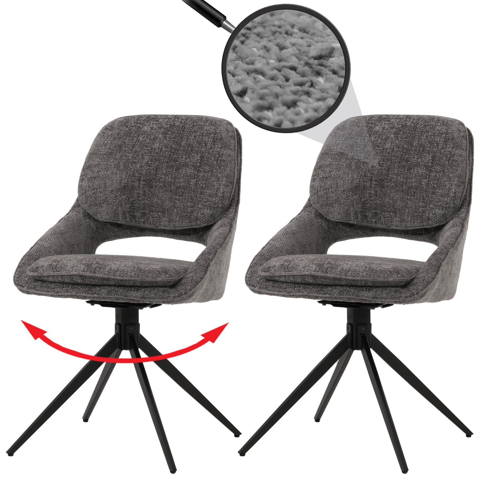 2er-Set Esszimmerstuhl MCW-N73, Küchenstuhl, drehbar Auto-Return, Stoff/Textil Chenille (490g/m²) Öko-Tex ~ dunkelgrau