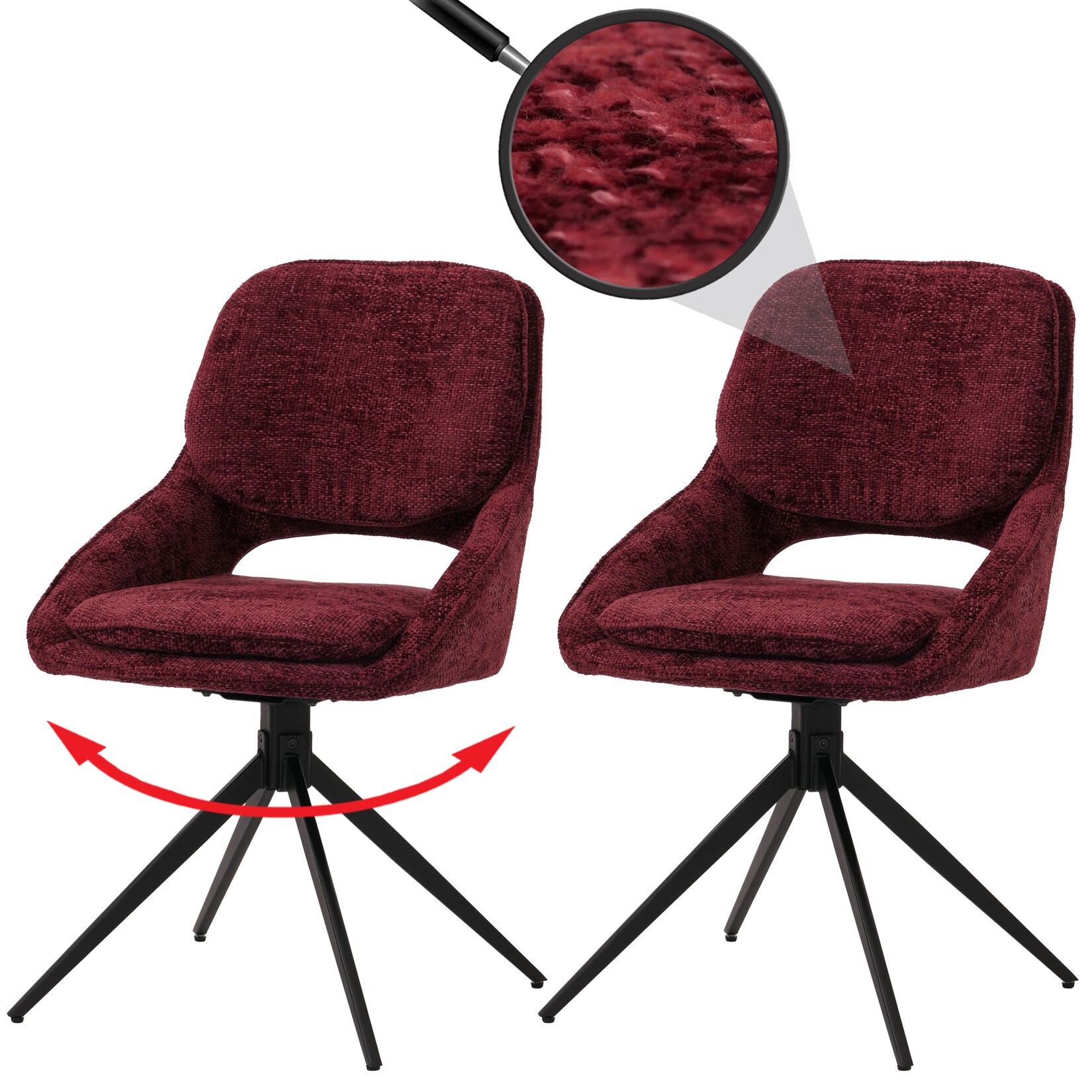 2er-Set Esszimmerstuhl MCW-N73, Küchenstuhl, drehbar Auto-Return, Stoff/Textil Chenille (490g/m²) Öko-Tex ~ bordeaux