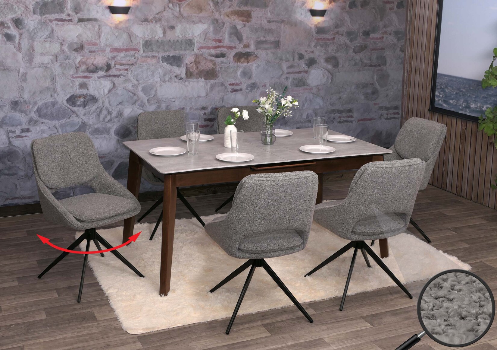 6er-Set Esszimmerstuhl MCW-N73, Küchenstuhl, drehbar Auto-Return, Stoff/Textil Boucle (540g/m²) Öko-Tex ~ grau