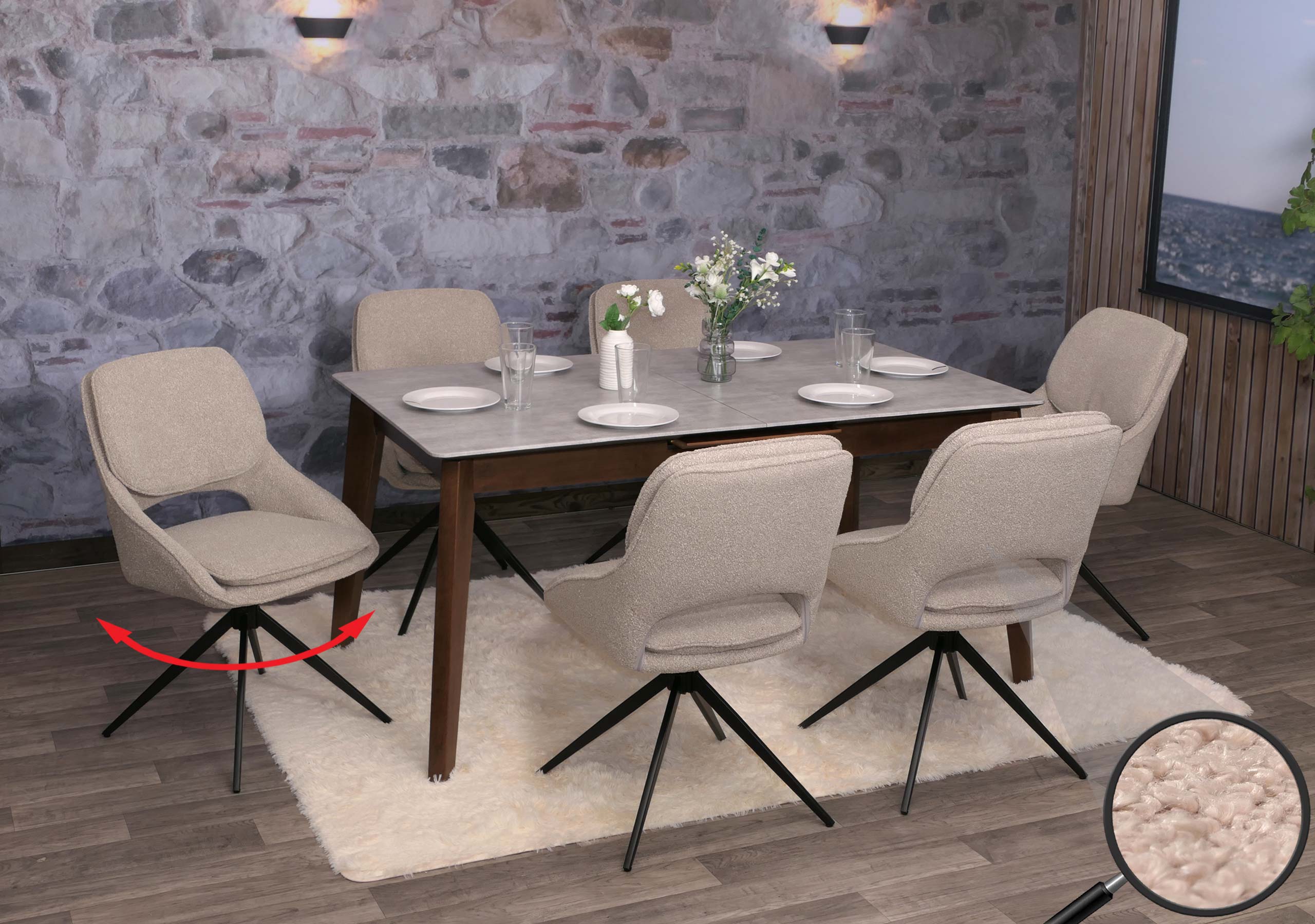 6er-Set Esszimmerstuhl MCW-N73, K&uuml;chenstuhl, drehbar Auto-Return, Stoff/Textil Boucle (540g/m&sup2;) &Ouml;ko-Tex ~ beige - Bild 1