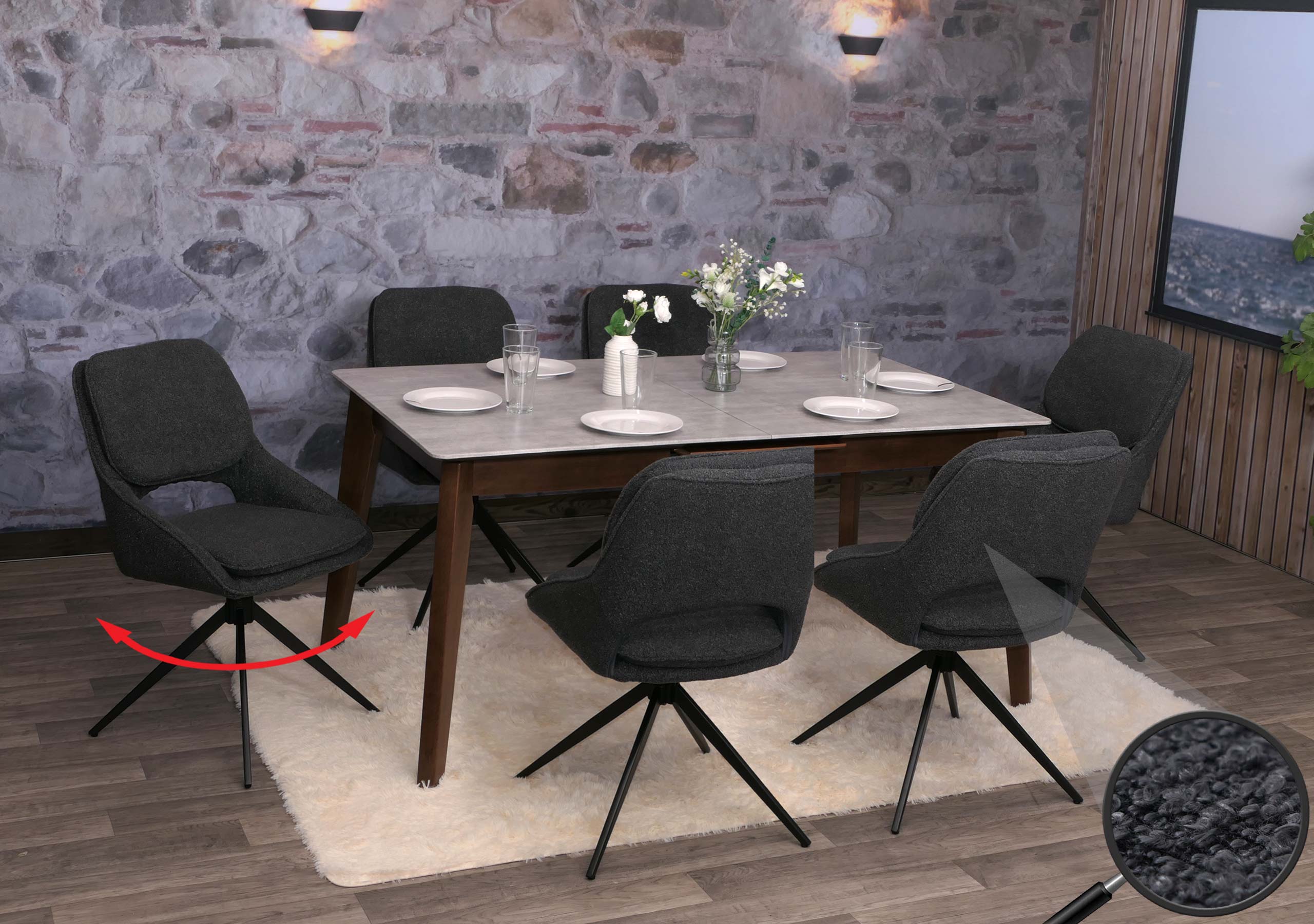 6er-Set Esszimmerstuhl MCW-N73, K&uuml;chenstuhl, drehbar Auto-Return, Stoff/Textil Boucle (540g/m&sup2;) &Ouml;ko-Tex ~ dunkelgrau - Bild 1