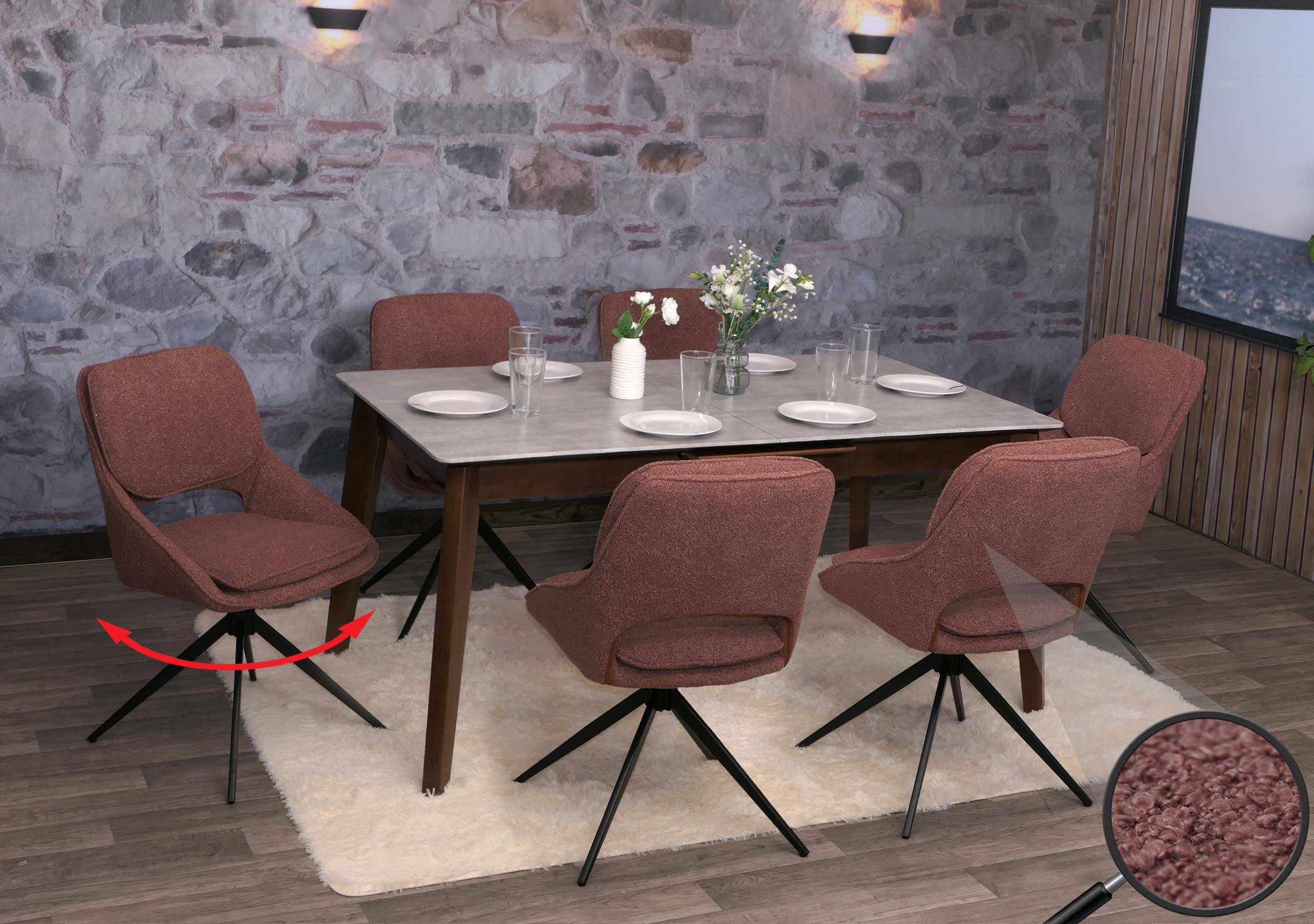 6er-Set Esszimmerstuhl MCW-N73, K&uuml;chenstuhl, drehbar Auto-Return, Stoff/Textil Boucle (540g/m&sup2;) &Ouml;ko-Tex ~ braun - Bild 1