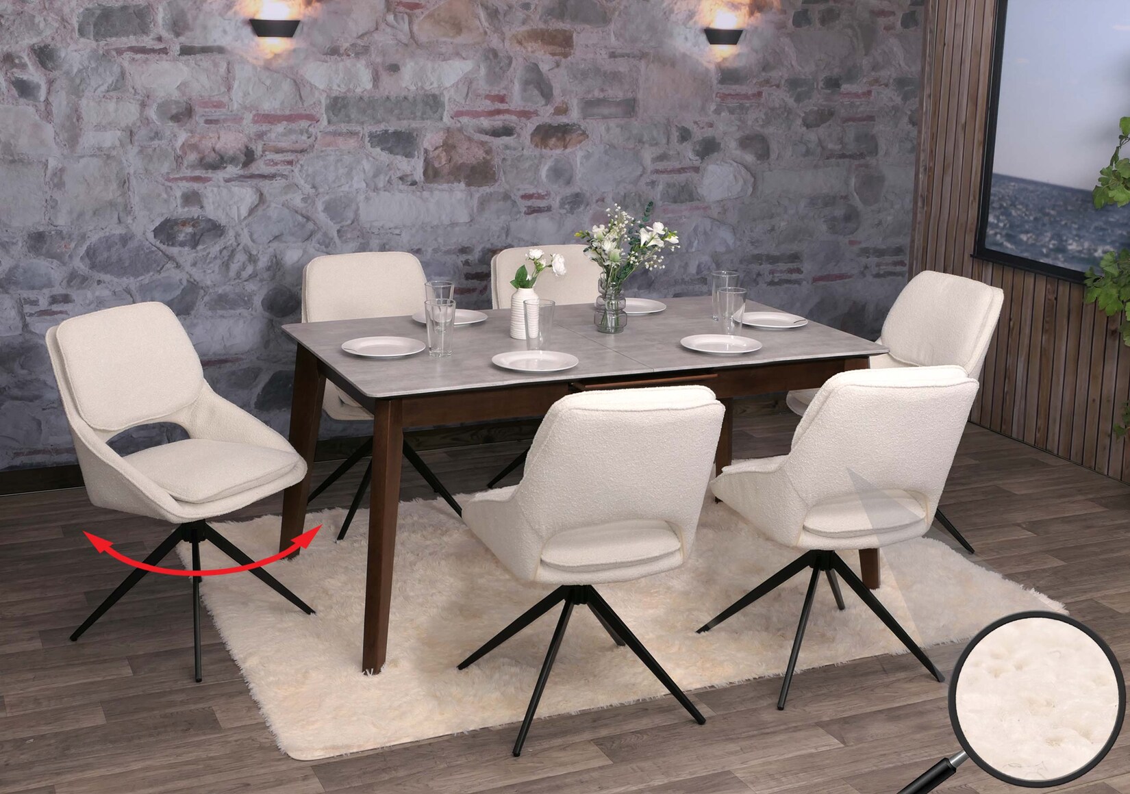 6er-Set Esszimmerstuhl MCW-N73, Küchenstuhl, drehbar Auto-Return, Stoff/Textil Boucle (540g/m²) Öko-Tex ~ creme