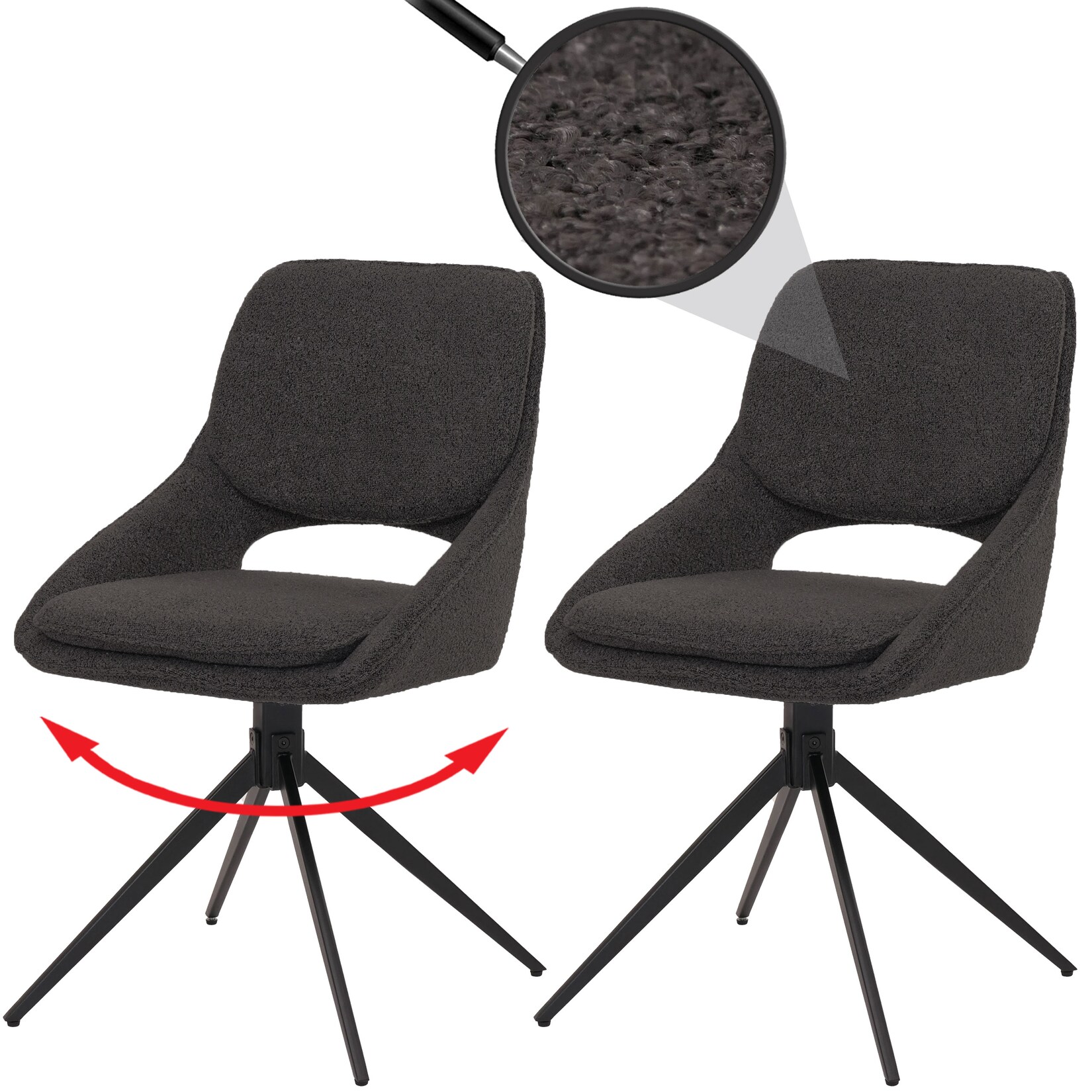 2er-Set Esszimmerstuhl MCW-N73, Küchenstuhl, drehbar Auto-Return, Stoff/Textil Boucle (540g/m²) Öko-Tex ~ dunkelgrau