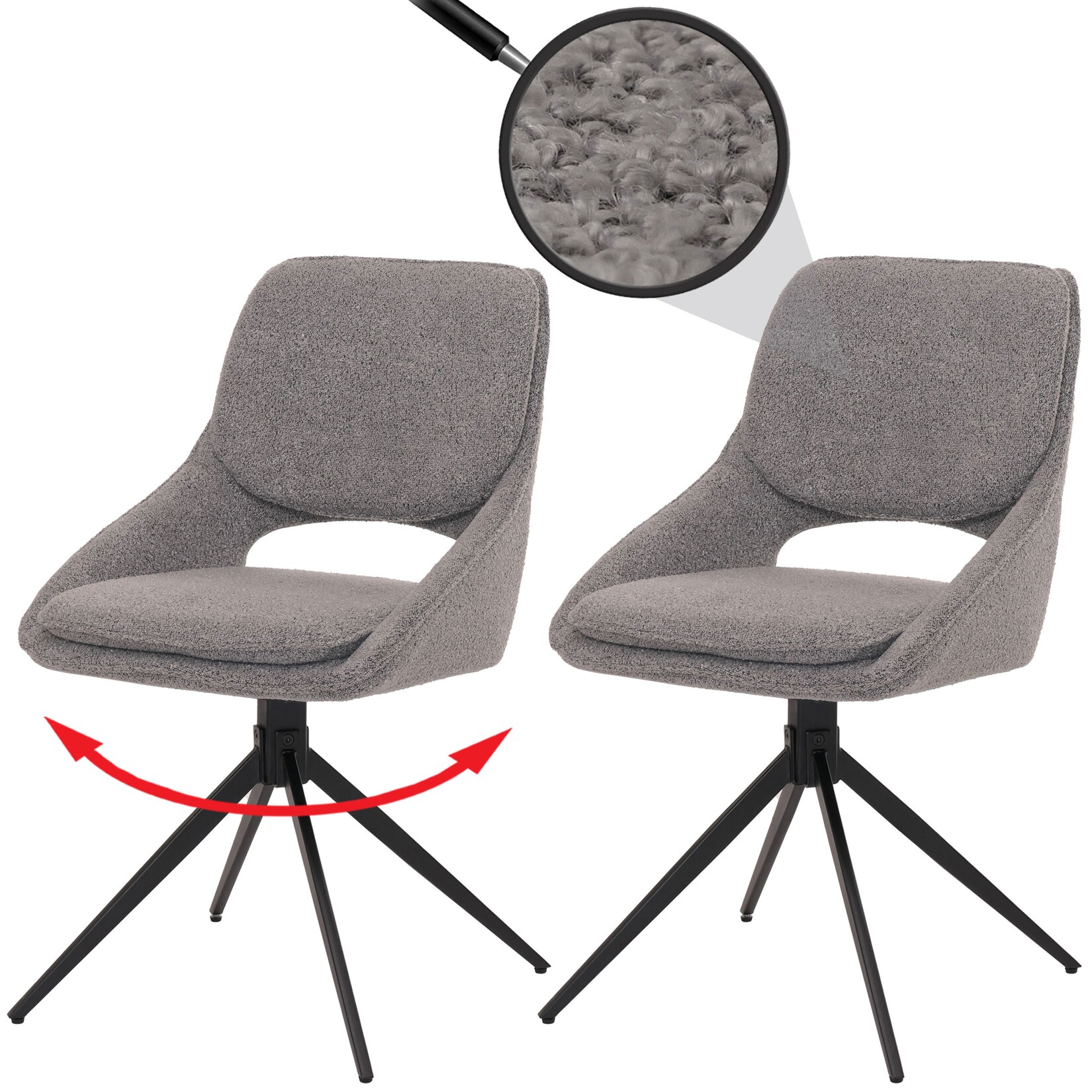 2er-Set Esszimmerstuhl MCW-N73, Küchenstuhl, drehbar Auto-Return, Stoff/Textil Boucle (540g/m²) Öko-Tex ~ grau