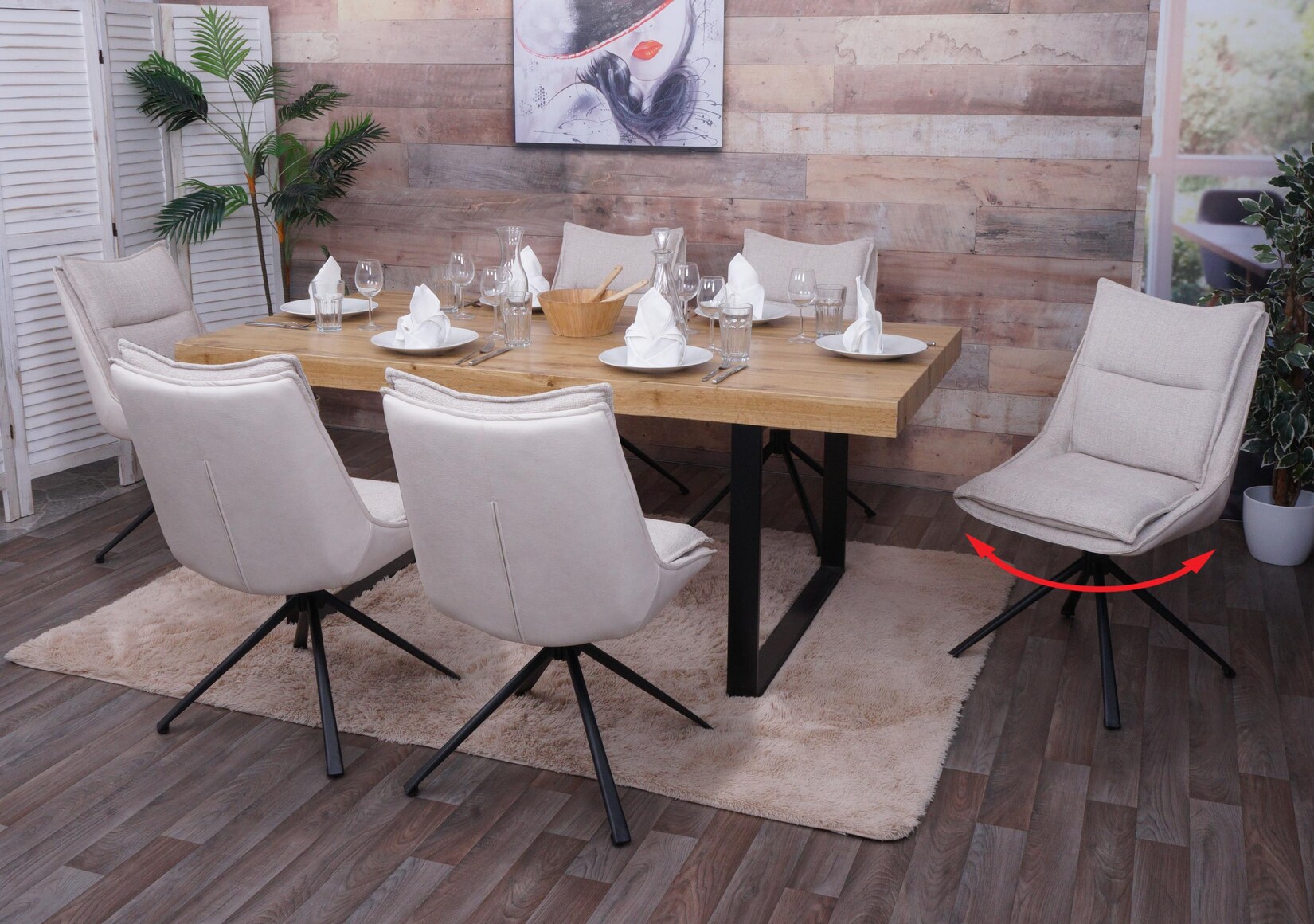 6er-Set Esszimmerstuhl MCW-N71, Küchenstuhl, drehbar Auto-Return, Stoff/Textil (420g/m²) Öko-Tex ~ creme-beige