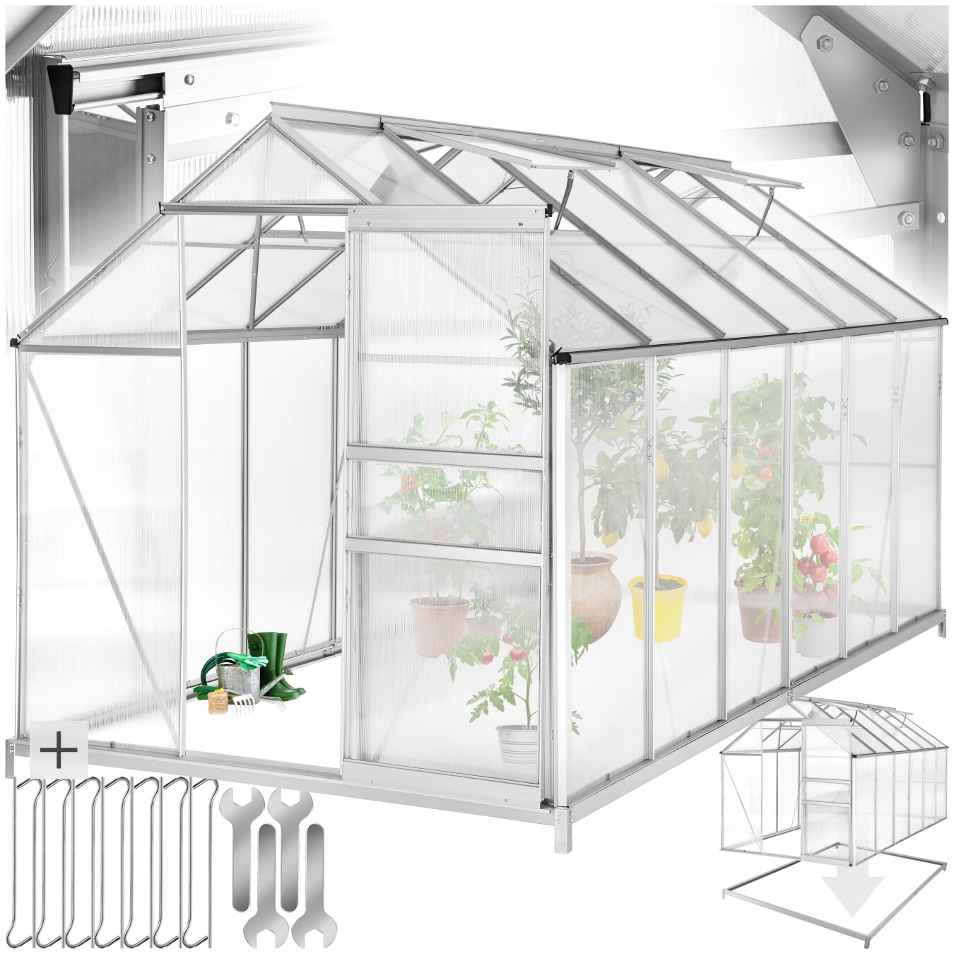 tectake® Gewächshaus mit Fundament, 11,13 m³, UV-beständig und wärmedämmend, 185 x 375 x 195 cm | 04260505445935