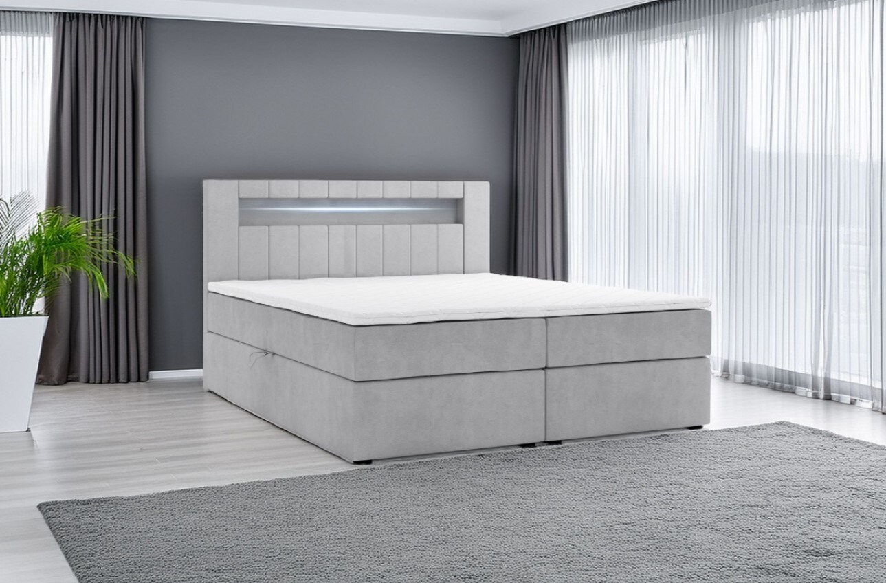 Boxspringbett KUBA mit Bettkasten Visco Topper LED 180 x 200 cm Webstoff Bett Bettkasten Topper - Grau