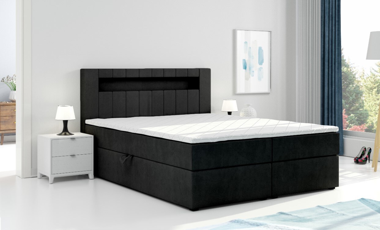 Boxspringbett KUBA mit Bettkasten Visco Topper LED 180 x 200 cm Webstoff Bett Bettkasten Topper - Schwarz