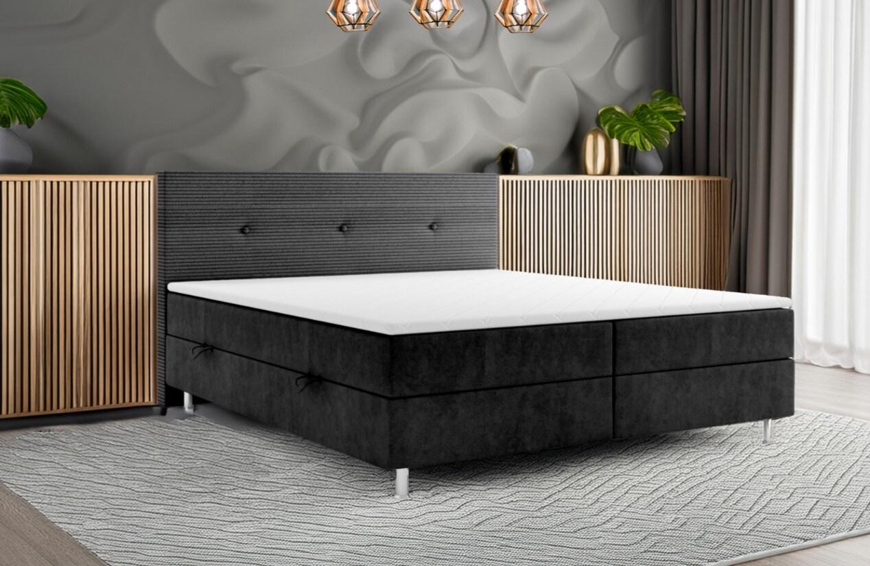 Boxspringbett RIO mit Bettkasten 180 x 200 cm Webstoff Bett Bettkasten Topper - versch. Ausführungen - Schwarz