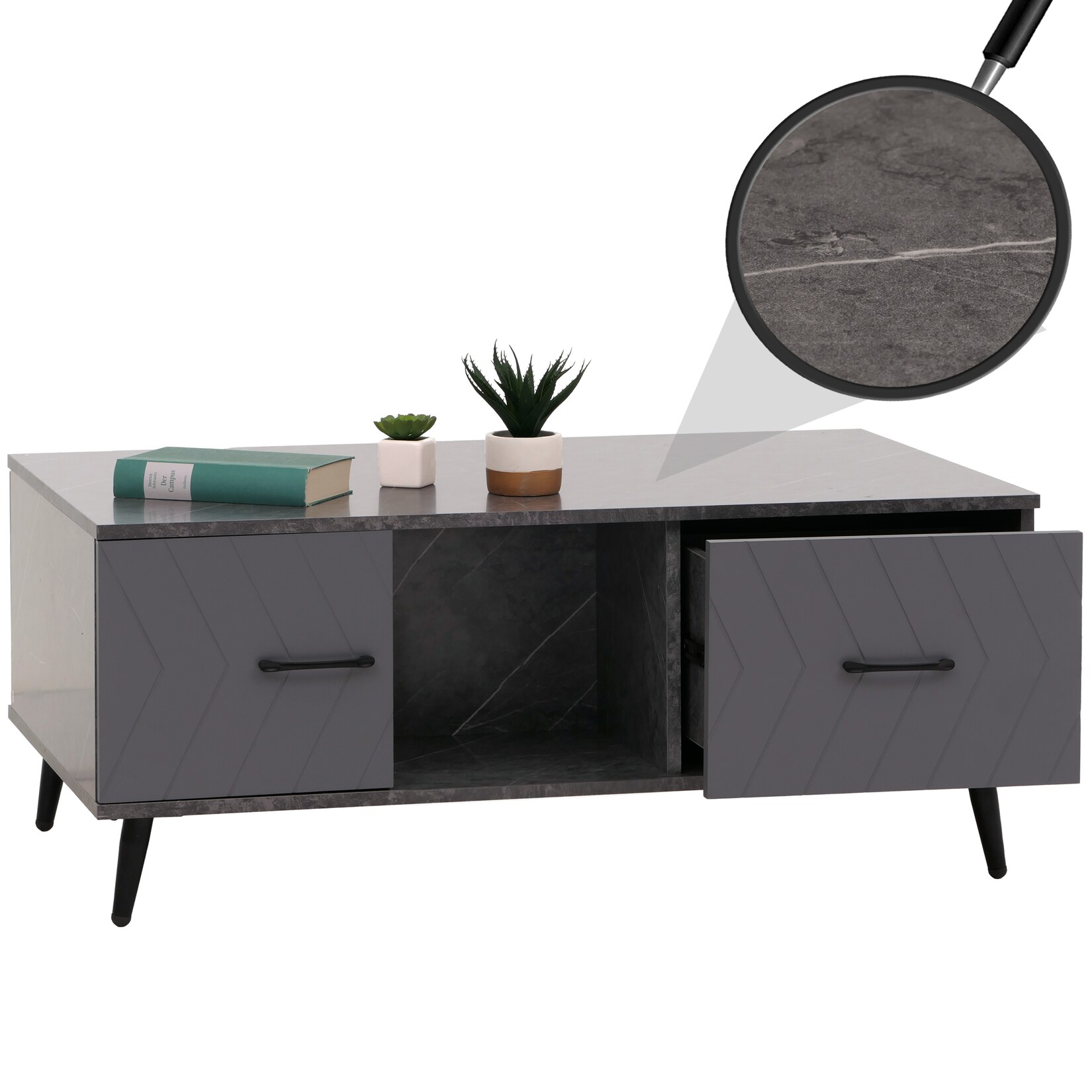 Couchtisch MCW-N89, Sofatisch, Schubladen Türen Fächer Fischgrätenmuster Melamin Holz, 42x103x60cm ~ Marmor-Optik grau