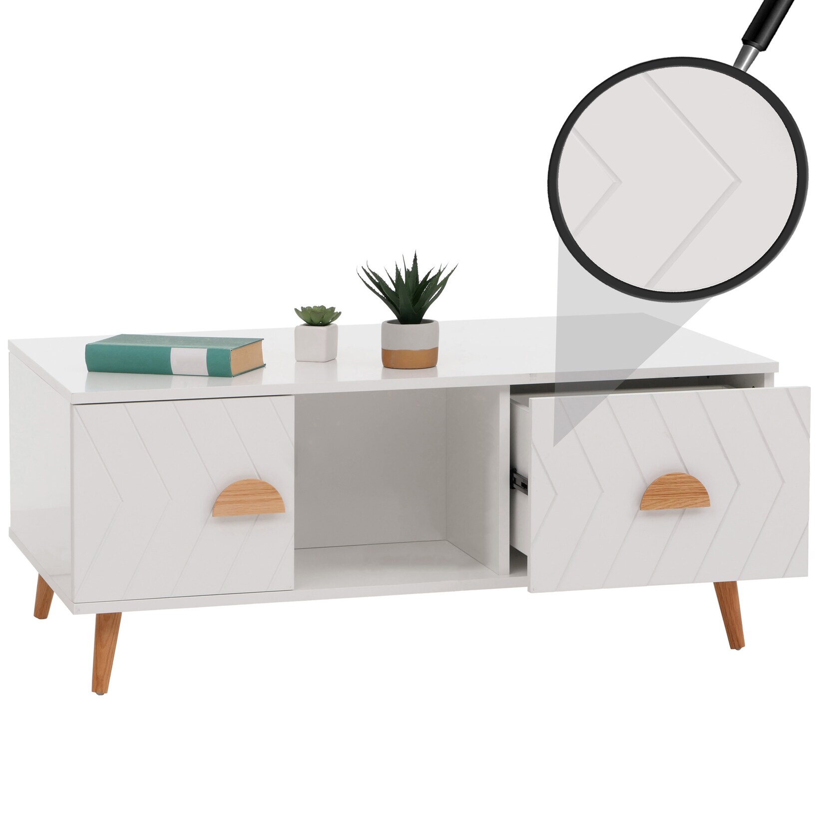 Couchtisch MCW-N89, Beistelltisch Sofatisch, Schubladen Türen Fächer Fischgrätenmuster Melamin Holz, 42x103x60cm ~ weiß | 04057651849782