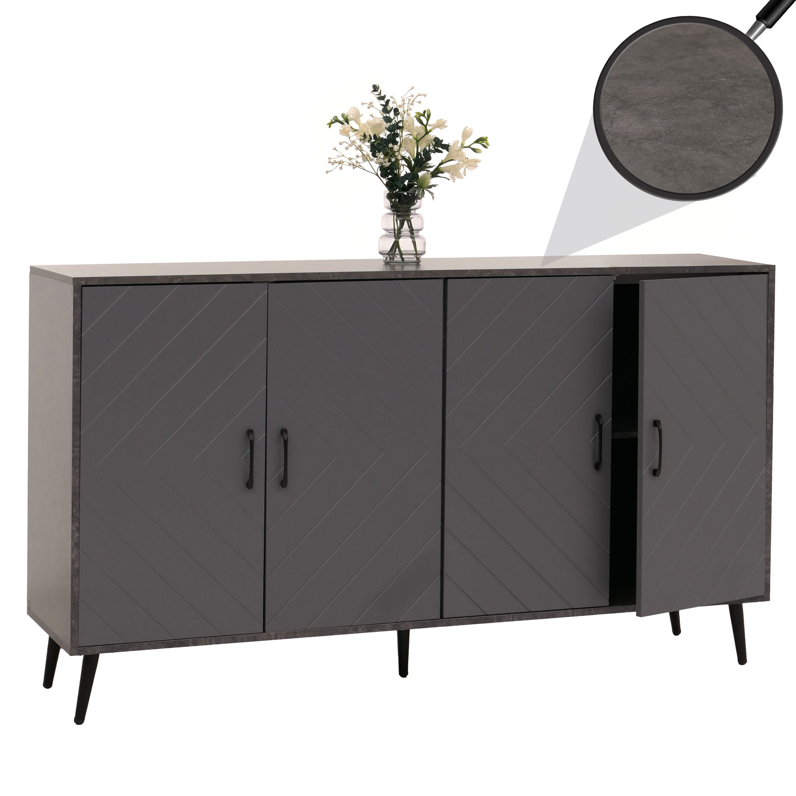 Sideboard MCW-N89, Kommode Schrank Highboard Anrichte, Fischgr&auml;tenmuster Melamin Holz, 88x150x40cm ~ Marmor-Optik grau - Bild 1