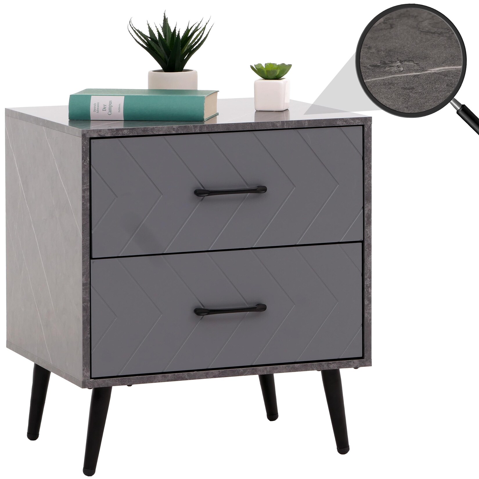 Nachttisch MCW-N89, Beistelltisch Nachtschrank, Schublade Fischgrätenmuster Melamin Holz, 55x48x40cm ~ Marmor-Optik grau