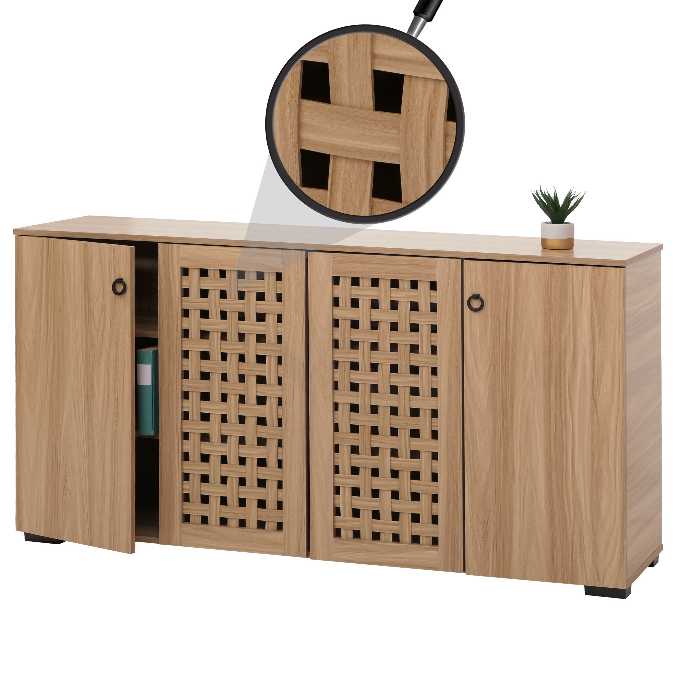 Sideboard MCW-N87, Kommode Schrank Anrichte, 3D-Flecht-Design 4 T&uuml;ren 9 Stauf&auml;cher 83x159x37cm ~ braun - Bild 1