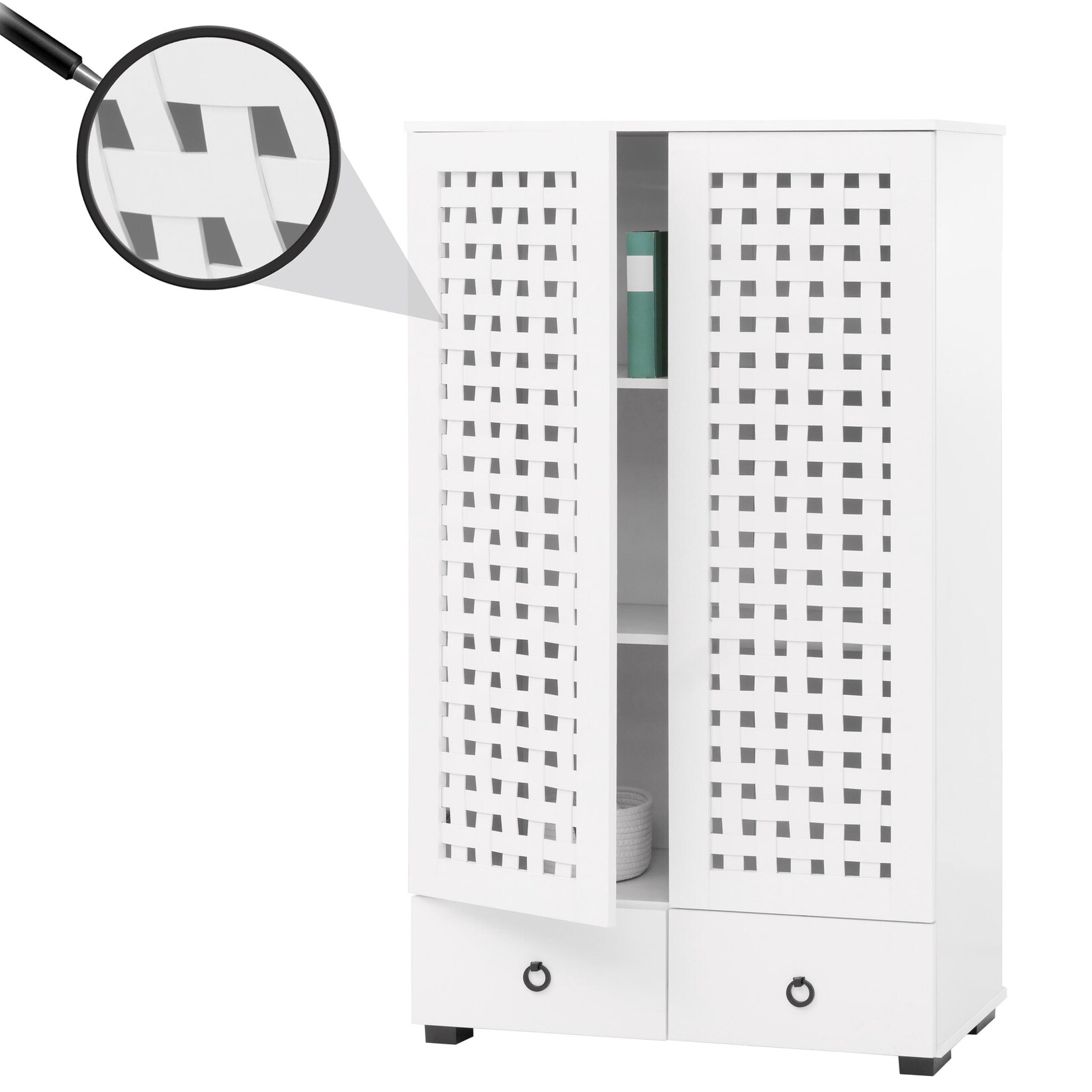 Schrank MCW-N87, Wohnzimmerschrank, 3D-Flecht-Design 2 Türen 3 Staufächer 2 Schubladen Soft-Close, 138x80x36cm ~ weiß