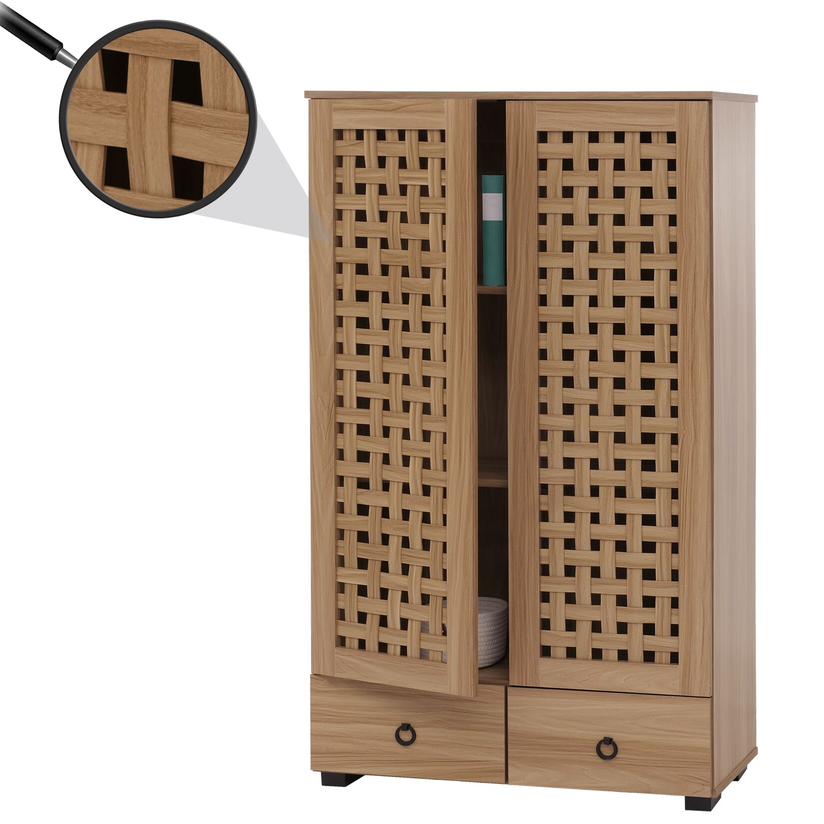 Schrank MCW-N87, Wohnzimmerschrank, 3D-Flecht-Design 2 Türen 3 Staufächer 2 Schubladen Soft-Close, 138x80x36cm ~ braun