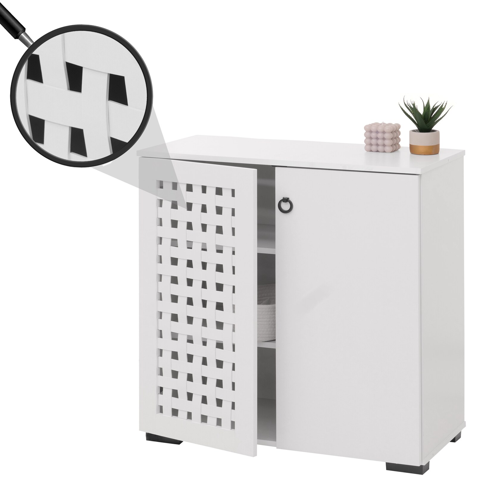 Kommode MCW-N87, Sideboard Schrank Anrichte, 3D-Flecht-Design 2 Türen 3 Staufächer Soft-Close, 82x80x37cm ~ weiß