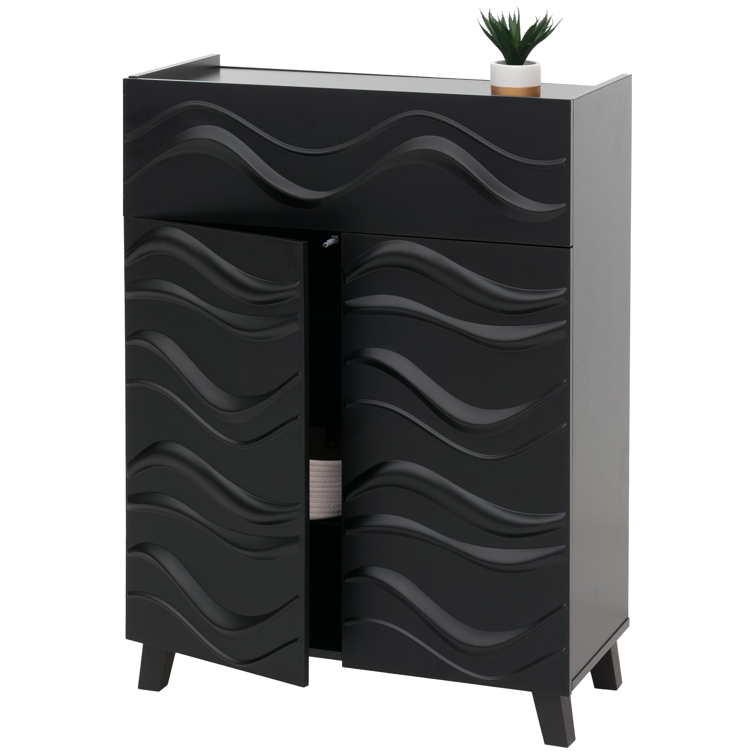 Kommode MCW-N86, Schrank Sideboard Anrichte, 3D-Wellen-Design Push-to-open T&uuml;ren 107x76x36cm ~ schwarz - Bild 1