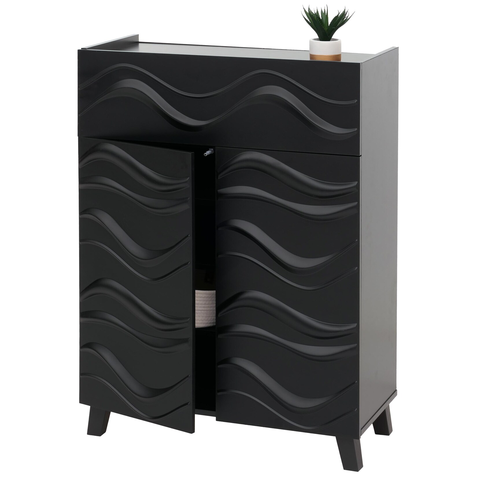 Kommode MCW-N86, Schrank Sideboard Anrichte, 3D-Wellen-Design Push-to-open Türen 107x76x36cm ~ schwarz