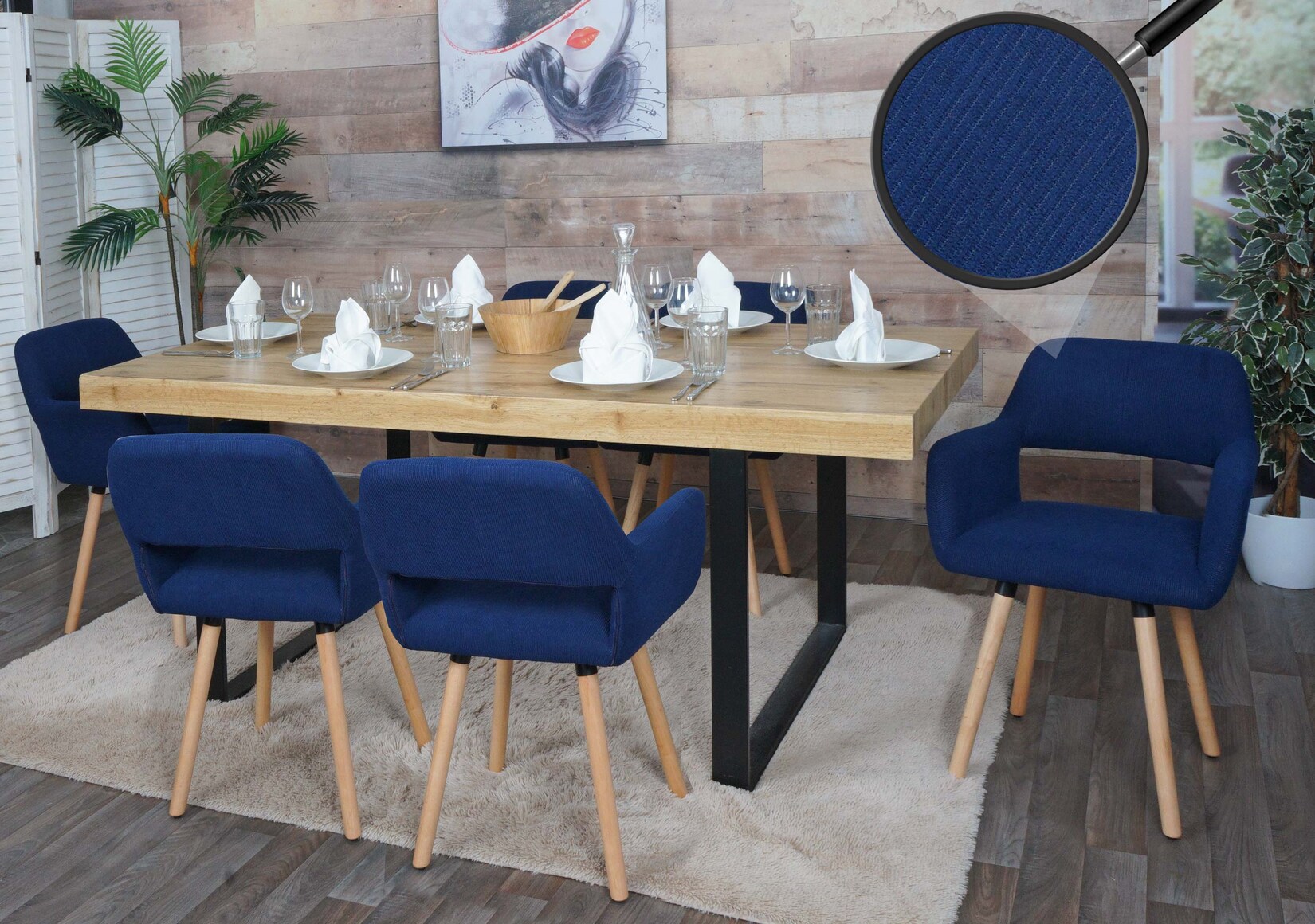 6er-Set Esszimmerstuhl MCW-A50 II, Stuhl Küchenstuhl Polsterstuhl, Holz Stoff/Textil Cord (400g/m²) MVG ~ blau