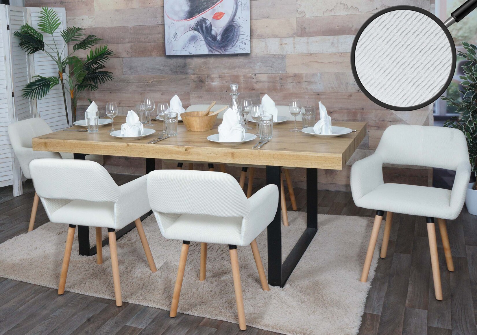 6er-Set Esszimmerstuhl MCW-A50 II, Stuhl Küchenstuhl Polsterstuhl, Holz Stoff/Textil Cord (400g/m²) MVG ~ creme-weiß