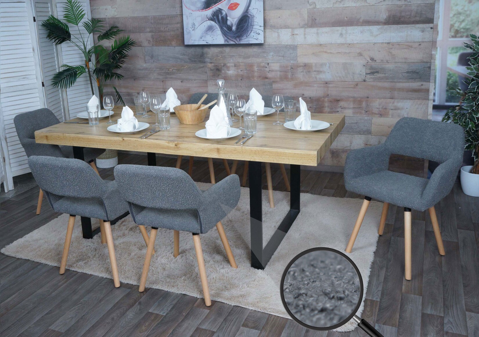 6er-Set Esszimmerstuhl MCW-A50 II, Stuhl Küchenstuhl Polsterstuhl, Holz Stoff/Textil Bouclé (450g/m²) MVG ~ dunkelgrau