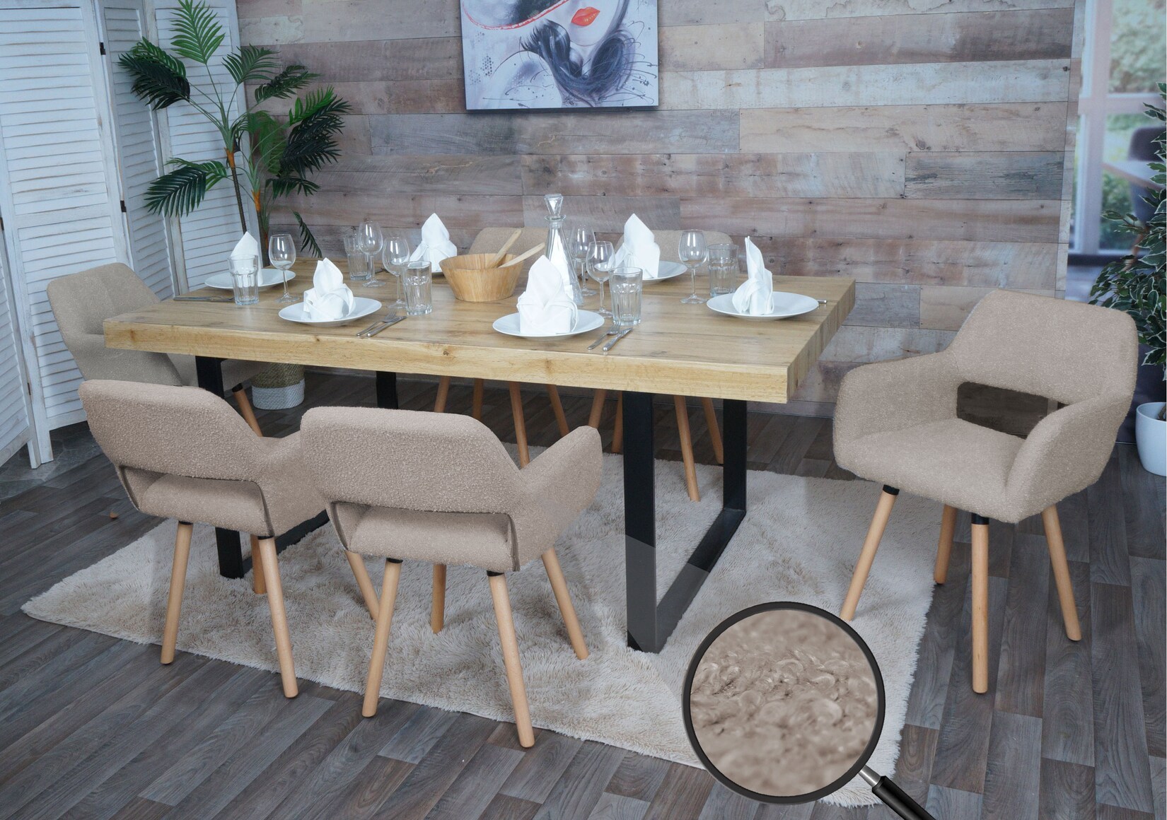 6er-Set Esszimmerstuhl MCW-A50 II, Stuhl Küchenstuhl Polsterstuhl, Holz Stoff/Textil Bouclé (450g/m²) MVG ~ taupe